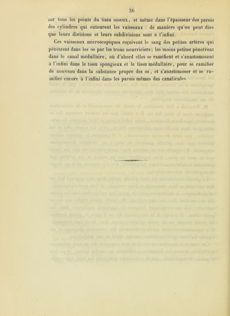 sur tous les points du tissu osseux, et même dans l’épaisseur des parois des cylindres qui entourent les vaisseaux : de manière qu’on peut dire que leurs divisions et leurs subdivisions sont à l’infini. Ces vaisseaux microscopiques reçoivent le sang des petites artères qui pénètrent dans les os par les trous nourriciers; les moins petites pénètrent dans le canal médullaire, où d’abord elles se ramifient et s’anastomosent à l’infini dans le tissu spongieux et le tissu médullaire, pour se ramifier de nouveau dans la substance propre des os , et s’anastomoser et se ra- mifier encore à l’infini dans les parois mêmes des canalicules