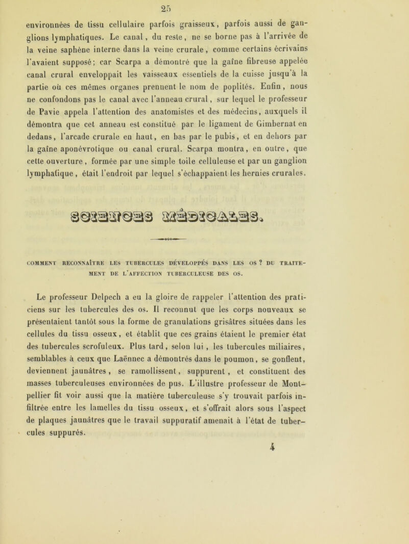 environnées de tissu cellulaire parfois graisseux, parfois aussi de gan- glions lymphatiques. Le canal, du reste, ne se borne pas à l’arrivée de la veine saphène interne dans la veine crurale, comme certains écrivains l’avaient supposé; car Scarpa a démontré que la gaîne fibreuse appelée canal crural enveloppait les vaisseaux essentiels de la cuisse jusqu’à la partie où ces memes organes prennent le nom de poplités. Enfin, nous ne confondons pas le canal avec l’anneau crural, sur lequel le professeur de Pavie appela l’attention des anatomistes et des médecins, auxquels il démontra que cet anneau est constitué par le ligament de Gimbernat en dedans, l’arcade crurale en haut, en bas par le pubis, et en dehors par la gaîne aponévrolique ou canal crural. Scarpa montra, en outre, que cette ouverture , formée par une simple toile celluleuse et par un ganglion lymphatique , était l’endroit par lequel s’échappaient les hernies crurales. aas@a@â&a9< COMMENT RECONNAÎTRE LES TUBERCULES DÉVELOPPÉS DANS LES OS ? DU TRAITE- MENT DE L’AFFECTION TUBERCULEUSE DES OS. Le professeur Delpech a eu la gloire de rappeler l’attention des prati- ciens sur les tubercules des os. Il reconnut que les corps nouveaux se présentaient tantôt sous la forme de granulations grisâtres situées dans les cellules du tissu osseux, et établit que ces grains étaient le premier état des tubercules scrofuleux. Plus tard, selon lui , les tubercules miliaires, semblables à ceux que Laënnec a démontrés dans le poumon, se gonflent, deviennent jaunâtres , se ramollissent, suppurent , et constituent des masses tuberculeuses environnées de pus. L’illustre professeur de Mont- pellier fit voir aussi que la matière tuberculeuse s’y trouvait parfois in- filtrée entre les lamelles du tissu osseux, et s’offrait alors sous l’aspect de plaques jaunâtres que le travail suppuratif amenait à l’état de tuber- cules suppurés. 4