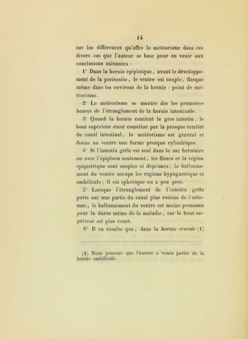 sur les différences qu’offre le météorisme daus ces divers cas que l’auteur se base pour en venir aux conclusions suivantes : 1° Dans la hernie épiploïque, avant le développe- ment de la péritonite, le ventre est souple, llasque même dans les environs de la hernie : point de mé- téorisme. 2Ü Le météorisme se montre dès les premières heures de l’étranglement de la hernie intestinale. 3Ü Quand la hernie contient le gros intestin , le bout supérieur étant constitué par la presque totalité du canal intestinal, le météorisme est général et donne au ventre une forme presque cylindrique. 4° Si [intestin grêle est seul dans le sac herniaire ou avec l’épiploon seulement, les flancs et la région épigastrique sont souples et déprimés; le ballonne- ment du ventre occupe les régions hypogastrique et ombilicale; il est sphérique ou à peu près. 5° Lorsque l’étranglement de l’intestin grêle porte sur une partie du canal plus voisine de 1 esto- mac, le ballonnement du ventre est moins prononcé pour la durée même de la maladie, car le bout su- périeur est plus court. 6° Il en résulte que , dans la hernie crurale (1) (lj Nous pensons que l’auteur a voulu parler de la hernie ombilicale.