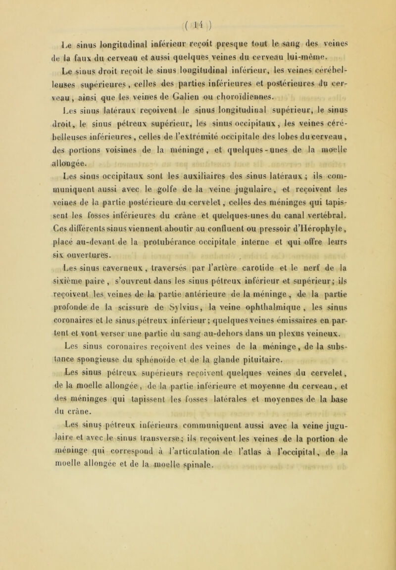 Le sinus longitudinal inférieur reçoit presque tout le sang des veines de la faux du cerveau et aussi quelques veines du cerveau lui-mème. Le sinus droit reçoit le sinus longitudinal inférieur, les veines cérébel- leuses supérieures , celles des parties inférieures et postérieures du cer- veau , ainsi que les veines de Galien ou choroïdiennes. Les siuus latéraux reçoivent Je sinus longitudinal supérieur, le sinus droit, le sinus pétreux supérieur, les sinus occipitaux, les veines céré- belleuses inférieures, celles de l’extrémité occipitale des lobes du cerveau , des portions voisines de la méninge, et quelques-unes de la moelle allongée. Les sinus occipitaux sont les auxiliaires des sinus latéraux ; ils com- muniquent aussi avec le golfe delà veine jugulaire, et reçoivent les veines de la partie postérieure du cervelet, celles des méninges qui tapis- sent les fosses inférieures du crâne et quelques-unes du canal vertébral. Ces différents sinus viennent aboutir au confluent ou pressoir d’Hérophyle , placé au-devant de la protubérance occipitale interne et qui offre leurs six ouvertures. Les sinus caverneux, traversés par l’artère carotide et le nerf de la sixième paire, s’ouvrent dans les sinus pétreux inférieur et supérieur; ils reçoivent les veines de la partie antérieure de la méninge , de la partie profonde de la scissure de Sylvius, la veine ophthalmique , les sinus coronaires et le sinus pétreux inférieur; quelques veines émissaires en par- tent et vont verser une partie du sang au-dehors dans un plexus veineux. Les sinus coronaires reçoivent des veines de la méninge, de la subs- tance spongieuse du sphénoïde et de la glande pituitaire. Les sinus pétreux supérieurs reçoivent quelques veines du cervelet, de la moelle allongée, de la partie inférieure et moyenne du cerveau, et des méninges qui tapissent les fosses latérales et moyennes de la base du crâne. Les sinus pétreux inférieurs communiquent aussi avec la veine jugu- laire et avec le sinus trausverse; ils reçoivent les veines de la portion de méninge qui correspond à l’articulation de l’atlas à l’occipital, de la moelle allongée et de la moelle spinale.