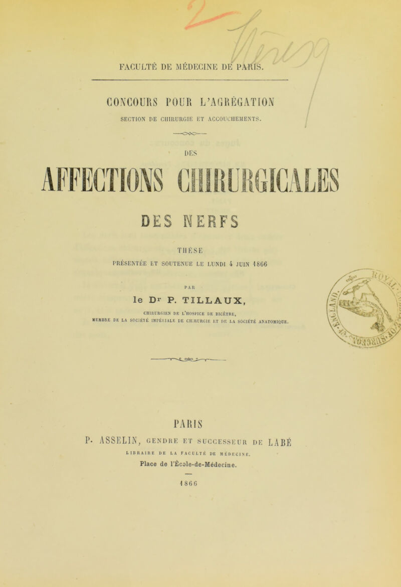 FACULTÉ DE MÉDECINE DE PARIS. CONCOURS POUR L’AGRÉGATION SECTION DE CHIRURGIE ET ACCOUCHEMENTS. DES NERFS THÈSE PRÉSENTÉE LT SOUTENUE LE LUNDI 4 JUIN 1806 P A K le Dr P. TÏLLAUX, CHIRURGIEN DE L’HOSPICE DE BICÈTRE, MEMBRE DE LA SOCIÉTÉ IMPÉRIALE DE CHIRURGIE ET DE LA SOCIÉTÉ ANATOMIQOE. —g— PARIS P* ASSELIN, GENDRE ET SUCCESSEUR DE LABÉ LIBRAIRE DE LA FACULTÉ DE MÉDECINE. Place de l’École-de-Médecine.