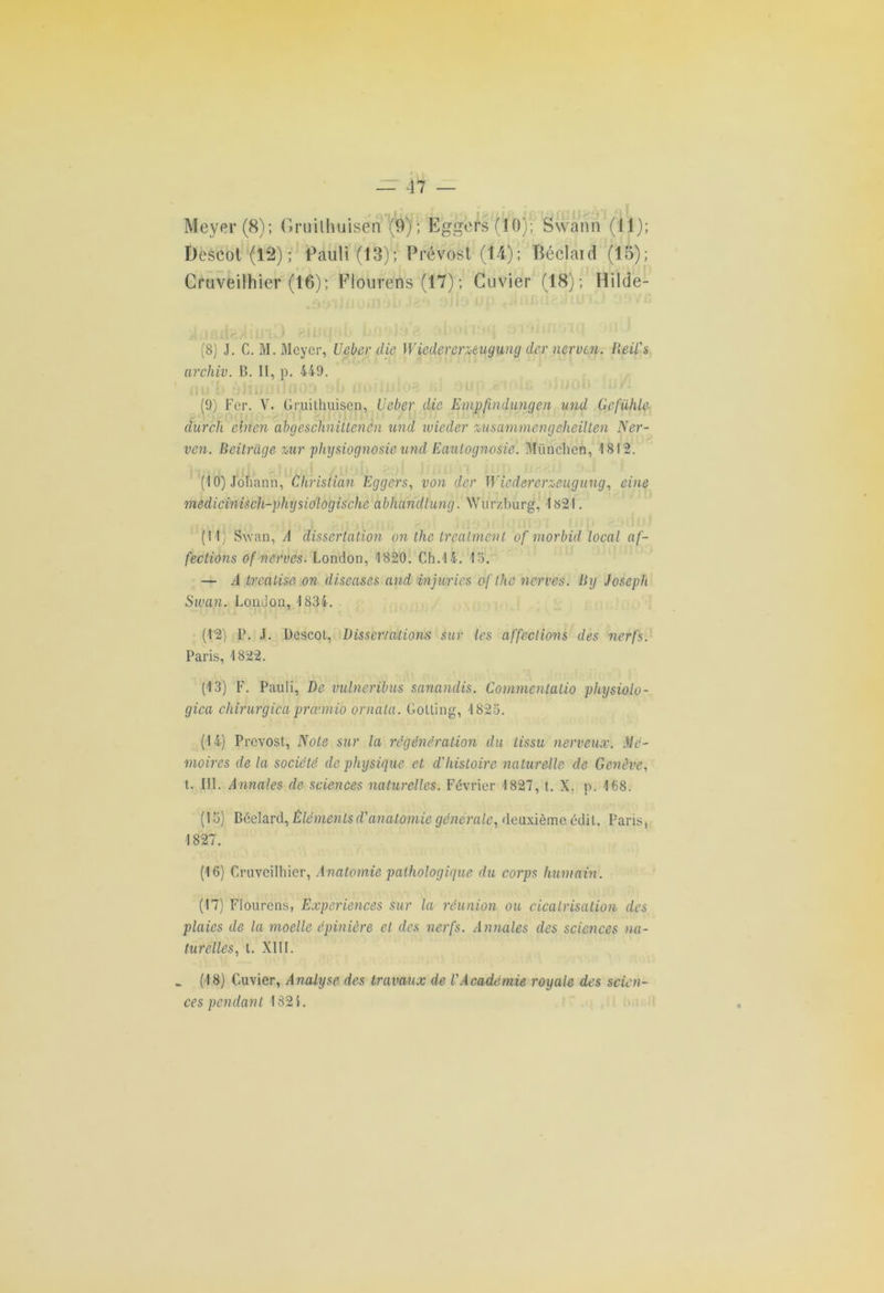 Meyer (8); Gruilhuisen (9); Eggers(lO); Swann (11); Descot (12); Pauli (13); Prévost (14); Béclaid (15); Cruveilhier (16); Fiourens (17) ; Cuvier (18); Hilde- (8) J. C. M. Meyer, Ueber die Wiedererzeugung (1er nerven. lieiL's archiv. B. Il, p. 449. (9) Fer. V. Gruithuisen, Ueber die Empfindungen und Gefühle dur ch chien abgeschnittencn und wieder zusammengeheilten Ner- ven. Beitrâge mr physiognosie und Eautognosie. München, 1812. (10) Johann, Christian Eggers, von der W iedererz-eugung, eine medicinisch-physiologischc abhandïung. Witr'zburg, 1821. (Il; Swan, A dissertation on the treatment of morbid local af- fections of nerves. London, 1820. Ch.14. 15'. — A trealise on diseuses and injuries ofthe nerves. iiy Joseph Swan. London, 1834. (12) P. J. Dcscot, Dissertations sur les affections des nerfs. Paris, 1822. (13) F. Pauli, De vulneribus sanandis. Commcntatio physiolo- gica chirurgien præmio ornata. Golting, 1825. (14) Prévost, Note sur la régénération du tissu nerveux. Mé- moires de la société de physique et d'histoire naturelle de Genève, t. III. Annales de sciences naturelles. Février 1827, t. X. p. 168. (15) Béelard, Éléments d'anatomie générale, deuxième édit. Paris, 1827. (16) Cruveilhier, Anatomie pathologique du corps humain. (17) Fiourens, Expériences sur la réunion ou cicatrisation des plaies de la moelle épinière et des nerfs. Annales des sciences na- turelles, t. XIII. _ (18) Cuvier, Analyse des travaux de l'Académie royale des scien- ces pendant 1324.