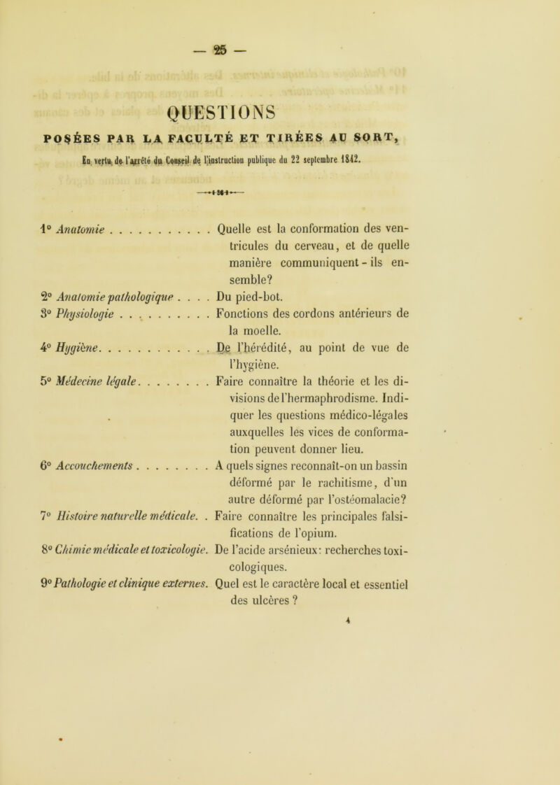 QUESTIONS POSÉES PAR LA FACULTÉ ET TIRÉES Aü SORT, £D ve;tu,(l» répété lia Cpo^dj i!e l’inslructiou publique du 22 seplcmbre 1842. —’•! — 1® Anatomie Quelle est la conformation des ven- tricules du cerveau, et de quelle manière communiquent - ils en- semble? 2° Anatomie -pathologique .... Du pied-bot. S® Physiologie Fonctions des cordons antérieurs de la moelle. ¥ Hygibne De l’hérédité, au point de vue de l’hygiène. 5® Médecine légale Faire connaître la théorie et les di- visions de l’hermaphrodisme. Indi- quer les questions médico-légales auxquelles les vices de conforma- tion peuvent donner lieu. 6® Accouchements A quels signes reconnaît-on un bassin déformé par le rachitisme, d'un autre déformé par l’ostéomalacie? 7® Histoire naturelle médicale. . Faire connaître les principales falsi- fications de l’opium. 8® Chimie médicale et toxicologie. De l’acide arsénieux: recherches toxi- cologiques. Pathologie et clinique externes. Quel est le caractère local et essentiel des ulcères ? 4