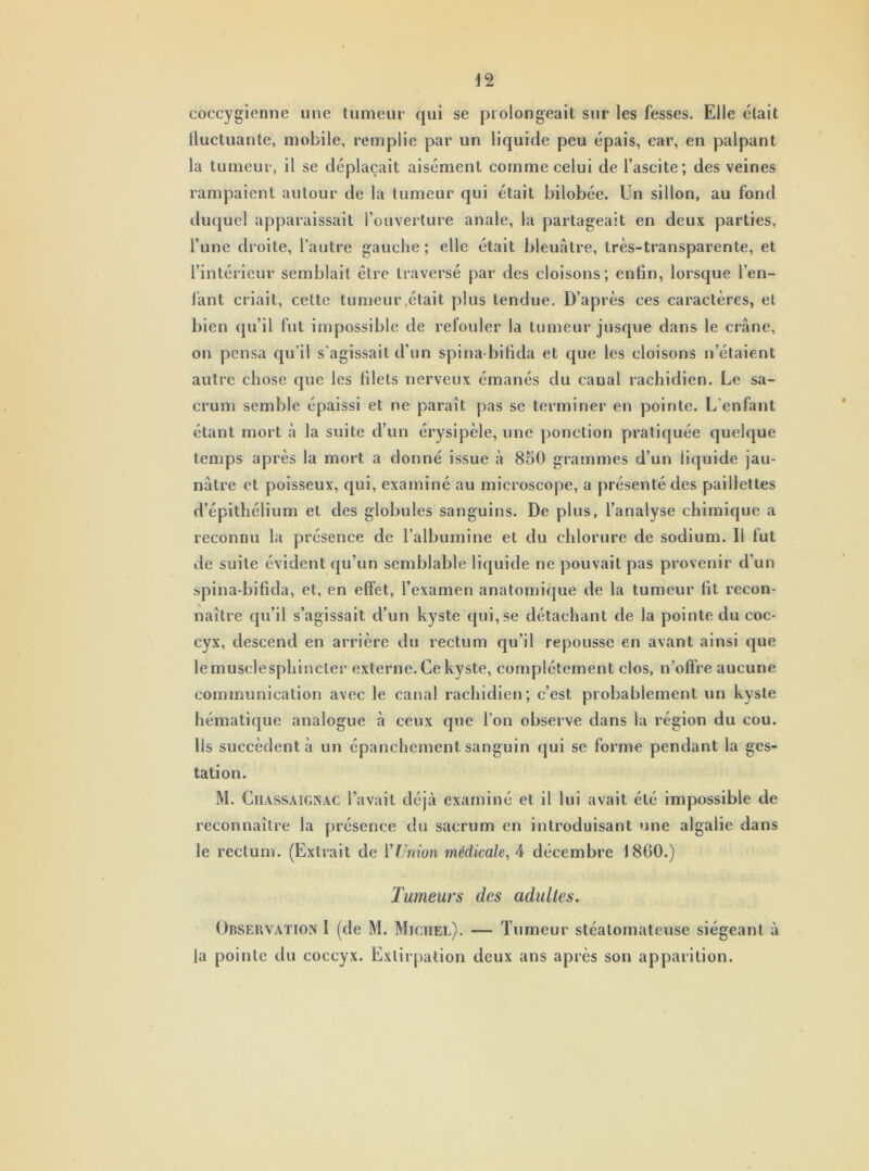 coccygienne une tumeur qui se prolongeait sur les fesses. Elle était fluctuante, mobile, remplie par un liquide peu épais, car, en palpant la tumeur, il se déplaçait aisément comme celui de l’ascite; des veines rampaient autour de la tumeur qui était bilobée. Un sillon, au fond duquel apparaissait l’ouverture anale, la partageait en deux parties, l’une droite, l’autre gauche ; elle était bleuâtre, très-transparente, et l’intérieur semblait être traversé par des cloisons; enfin, lorsque l’en- fant criait, cette tumeur était plus tendue. D’après ces caractères, et bien qu’il fut impossible de refouler la tumeur jusque dans le crâne, on pensa qu’il s’agissait d’un spina-bifida et que les cloisons n’étaient autre chose que les filets nerveux émanés du canal rachidien. Le sa- crum semble épaissi et ne paraît pas se terminer en pointe. L’enfant étant mort à la suite d’un érysipèle, une ponction pratiquée quelque temps après la mort a donné issue à 850 grammes d’un liquide jau- nâtre et poisseux, qui, examiné au microscope, a présenté des paillettes d’épithélium et des globules sanguins. De plus, l’analyse chimique a reconnu la présence de l’albumine et du chlorure de sodium. Il fut de suite évident qu’un semblable liquide ne pouvait pas provenir d’un spina-bifida, et, en effet, l’examen anatomique de la tumeur fit recon- naître qu’il s’agissait d’un kyste qui, se détachant de la pointe du coc- cyx, descend en arrière du rectum qu’il repousse en avant ainsi que lemusclesphincter externe. Ce kyste, complètement clos, n'offre aucune communication avec le canal rachidien; c’est probablement un kyste hématique analogue à ceux que l’on observe dans la région du cou. Ils succèdent à un épanchement sanguin qui se forme pendant la ges- tation. M. Ciiassaignac l’avait déjà examiné et il lui avait été impossible de reconnaître la présence du sacrum en introduisant une algalie dans le rectum. (Extrait de l’Union médicale, 4 décembre 1860.) Tumeurs des adultes. Tumeur stéatomateuse siégeant à Observation I (de M. Michel). - la pointe du coccyx. Extirpation deux ans après son apparition.