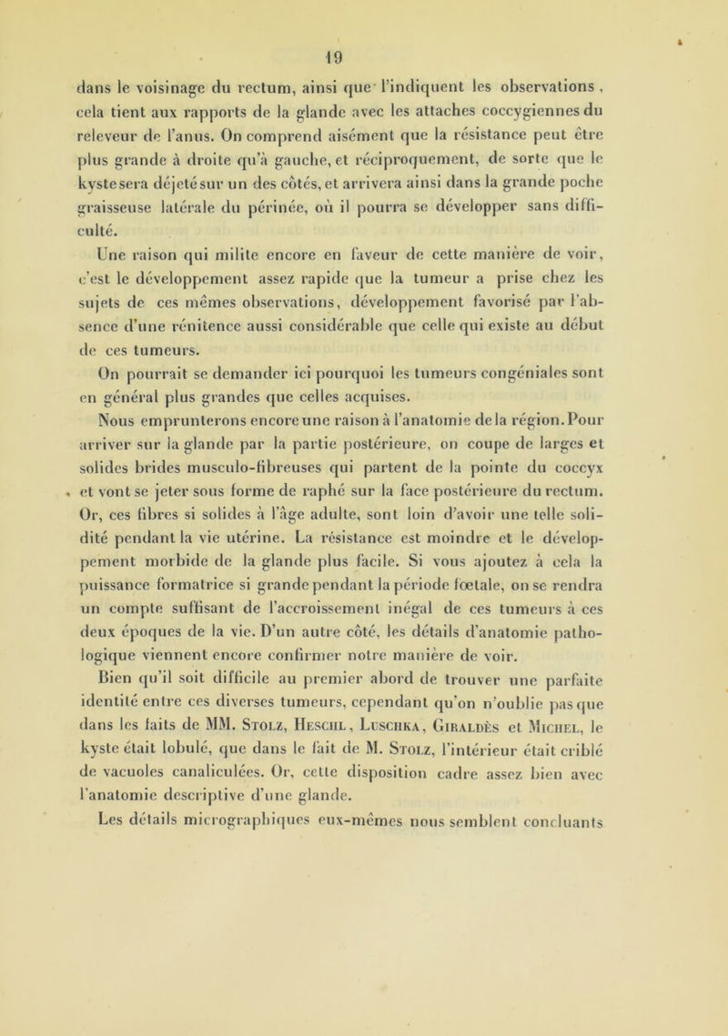 * dans le voisinage du rectum, ainsi que 1 indiquent les observations , cela tient aux rapports de la glande avec les attaches coccygiennes du releveur de l’anus. On comprend aisément que la résistance peut être plus grande à droite qu’à gauche, et réciproquement, de sorte que le kystesera déjeté sur un des côtés, et arrivera ainsi dans la grande poche graisseuse latérale du périnée, où il pourra se développer sans di(li- eu lté. Une raison qui milite encore en faveur de cette manière de voir, c’est le développement assez rapide que la tumeur a prise chez les sujets de ces mêmes observations, développement favorisé par l’ab- sence d’une rénitence aussi considérable que celle qui existe au début de ces tumeurs. On pourrait se demander ici pourquoi les tumeurs congéniales sont en général plus grandes que celles acquises. Nous emprunterons encore une raison à l’anatomie delà région.Pour arriver sur la glande par la partie postérieure, on coupe de larges et solides brides musculo-fibreuses qui partent de la pointe du coccyx » et vont se jeter sous forme de raphé sur la face postérieure du rectum. Or, ces fibres si solides à l’âge adulte, sont loin d’avoir une telle soli- dité pendant la vie utérine. La résistance est moindre et le dévelop- pement morbide de la glande plus facile. Si vous ajoutez à cela la puissance formatrice si grande pendant la période fœtale, on se rendra un compte suffisant de l’accroissement inégal de ces tumeurs à ces deux époques de la vie. D’un autre côté, les détails d’anatomie patho- logique viennent encore confirmer notre manière de voir. Bien qu’il soit difficile au premier abord de trouver une parfaite identité entre ces diverses tumeurs, cependant qu’on n’oublie pas que dans les faits de MM. Stolz, Hesciil, Lüschka, Giraldès et Michel, le kyste était lobulé, que dans le fait de M. Stolz, l’intérieur était criblé de vacuoles canaliculées. Or, cette disposition cadre assez bien avec l’anatomie descriptive d’une glande. Les détails micrographiques eux-mêmes nous semblent concluants