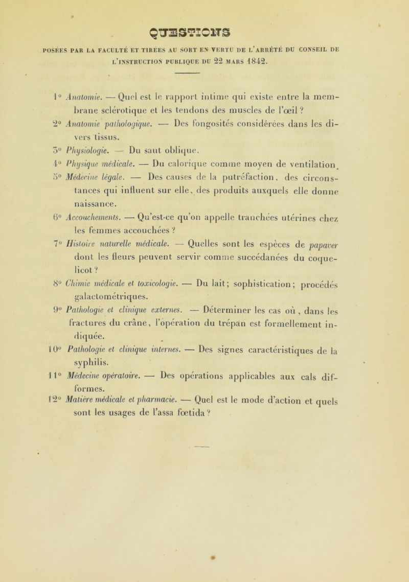 QUESTIONS POSÉES PAR LA FACULTÉ ET TIREES AU SORT EN VERTU DE L’ARRÊTÉ DU CONSEIL DE l’instruction PUBLIQUE DU 22 MARS 1842. 1° Anatomie. —Quoi est le rapport intime qui existe entre la mem- brane sclérotique et les tendons des muscles de l’oeil ? 2° Anatomie pathologique. — Des fongosités considérées dans les di- vers tissus. 3° Physiologie. — Du saut oblique. 4° Physique médicale. — Du calorique comme moyen de ventilation 5° Médecine légale. — Des causes de la putréfaction, des circons- tances qui influent sur elle, des produits auxquels elle donne naissance. 6° Accouchements. —Qu’est-ce qu’on appelle tranchées utérines chez les femmes accouchées ? 7° Histoire naturelle médicale. — Quelles sont les espèces de papaver dont les fleurs peuvent servir comme succédanées du coque- licot ? 8° Chimie médicale et toxicologie. — Du lait; sophistication; procédés galactométriques. 9° Pathologie et clinique externes. — Déterminer les cas où , dans les fractures du crâne, l’opération du trépan est formellement in- diquée. 10° Pathologie et clinique internes. — Des signes caractéristiques de la syphilis. 11° Médecine opératoire.— Des opérations applicables aux cals dif- formes. 12° Matière médicale et pharmacie. — Quel est le mode d’action et quels sont les usages de l’assa foetida?