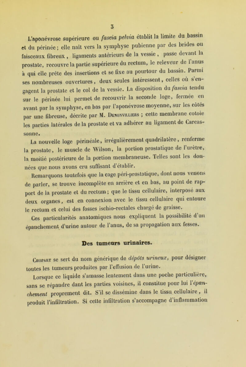 L’aponévrose supérieure ou faseia pelvia établit la limite du bassin et du périnée ; elle naît vers la symphyse pubienne par des brides ou faisceaux fibreux , ligaments antérieurs de la vessie , passe devant la prostate, recouvre la partie supérieure du rectum, le releveur de 1 anus à qui elle prête des insertions et se fixe au pourtour du bassin. Parmi ses nombreuses ouvertures, deux seules intéressent, celles où s en- gagent la prostate et le col de la vessie. La disposition du faseia tendu sur le périnée lui permet de recouvrir la seconde loge, fermee en avant par la symphyse, en bas par l’aponévrose moyenne, sur les côtés par une fibreuse, décrite par M. Deî^onvilliers ; cette membrane cotoie les parties latérales de la prostate et va adhérer au ligament de Carcas- sonne. La nouvelle loge périnéale, irrégulièrement quadrilatère, renferme la prostate, le muscle de Wilson, la portion prostatique de 1 urètre, la moitié postérieure de la portion membraneuse. Telles sont les don- nées que nous avons cru suffisant d établir. Remarquons toutefois que la cage péri-prostatique, dont nous venons de parler, se trouve incomplète en arrière et en bas, au point de rap- port de la prostate et du rectum ; que le tissu cellulaire, interposé aux deux organes, est en connexion avec le tissu cellulaire qui entoure le rectum et celui des fosses ischio-rectales chaigé de giaisse. Ces particularités anatomiques nous expliquent la possibilité d un épanchement d’urine autour de l’anus, de sa propagation aux fesses. Des tumeurs urinaires. Chopart se sert du nom générique de dépôts urineux, pour désigner toutes les tumeurs produites par l’effusion de l’urine. Lorsque ce liquide s’amasse lentement dans une poche particulière, sans se répandre dant les parties voisines, il constitue pour lui Xépan- chement proprement dit. S’il se dissémine dans le tissu cellulaire , il produit l’infiltration. Si celte infiltration s’accompagne d’inflammation