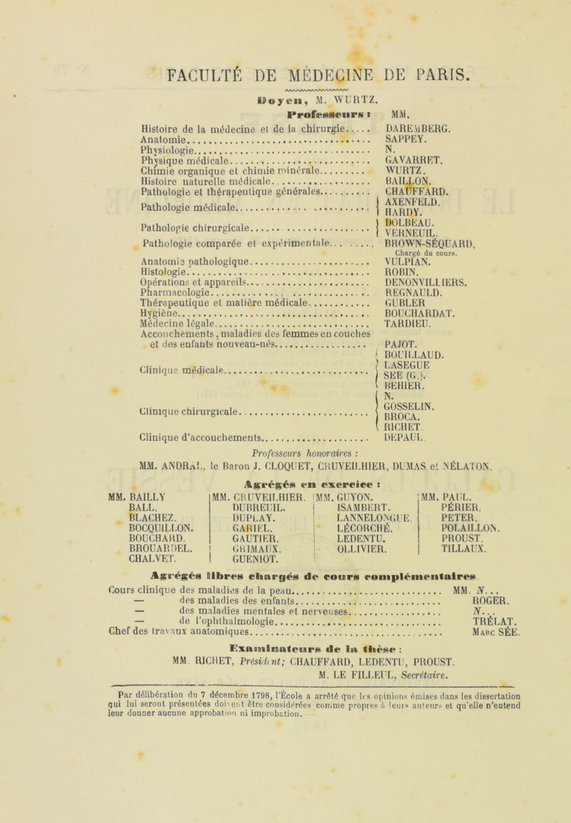 12 o y en, M. WURTZ. Professeurs i MM. Histoire de la médecine el de la chirurgie Anatomie Physiologie Physique médicale Chimie organique et chimie minérale Histoire naturelle médicale. Pathologie et thérapeutique générales Pathologie médicale Pathologie chirurgicale Pathologie comparée et expérimentale Anatomie pathologique Histologie Opérations et appareils Pharmacologie Thérapeutique et matière médicale Hygiène Médecine légale Accouchements, maladies des femmes en couches et des enfants nouveau-nés / ) Clinique médicale { Clinique chirurgicale Clinique d’accouchements DAREMBERG. SAPPEY. N. GAVARRET. WURTZ. BAILLON. CHAUFFARD. AXENFELD. HARDY. DOLBEAU. VERNEUIL. BROWN-SÉQUARD, Chargé du cours. VULPIAN. ROBIN. DEN0NVILL1ERS. REGNAULD. GUBLER BOUCHARDAT. TARDIEU. PAJOT. BOUILLAUD. LASEGUE SEE (G.). BEHIER. N. GOSSELIN. BROCA. RICHET DEPAUL Professeurs honoraires : MM. ANDRaL, le Baron J. CLOQUET, CRUVEILHIER, DUMAS et NÉLATON. MM. BAILLY BALL. BLACHEZ. BOCQU1LLON. BOUCHARD. BROUARDEL. CHAUVET. Agrégés en exercice : MM. CRUVEILHIER. IMM. GUYON. DUBREUIL. DUPLAY. GARIEL. GAUTIER. GRIMAUX. GUENIOT. ISAMBERT. LANNELONGUE. LËCORCHÉ. ! LEDENTU. OLLIVIER. MM. PAUL. PÉRIER. PETER. POLAILLON. PROUST. TILLAUX. Agrégé» BIbres chargés de coun complémentaires Cours clinique des maladies de la peau MM. N... — des maladies des enfants ROGER. — des maladies mentales et nerveuses N... — de l’ophthalmologie TRÉLAT. Chef des travaux anatomiques Marc SÉE. ExaininateiirM de 1» thèse : MM RICHET, Président; CHAUFFARD, LEDENTU, PROUST. M. LE FILLEUL, Secrétaire. Par délibération du 7 décembre 1798, l’École a arrêté que les opinions émises dans les dissertation qui lui seront présentées doivent être considérées comme propres à leurs auteurs et qu’elle n’entend leur donner aucune approbation ni improbation.