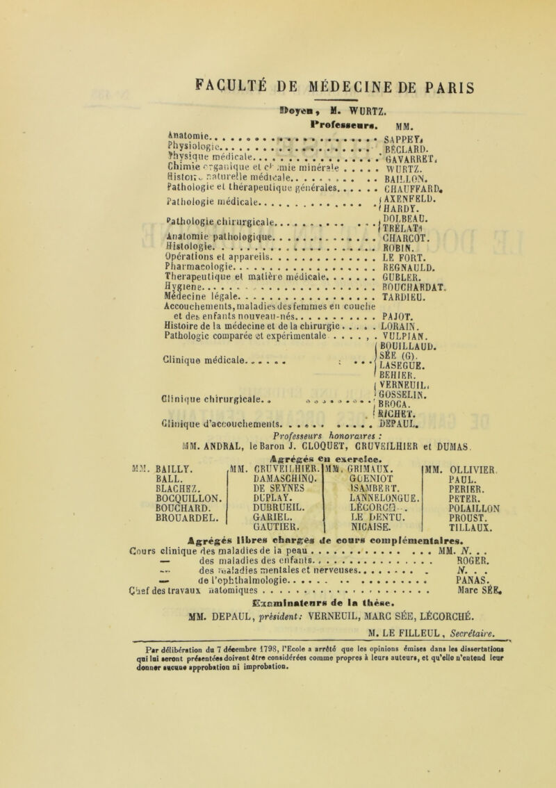 l&oycn, M. WURTZ. Profesgearg, Anatomie. 4 , Physiologie Physique médicale Chimie organique et c* unie minérale . . . . Histoir^ naturelle médicale.. ... -, Pathologie et thérapeutique générales Pathologie médicale Pathologie chirurgicale . . Anatomie pathologique Histologie Opérations et appareils Pharmacologie. . . . Thérapeutique et matière médicale Hygiene Médecine légale Accouchements, maladies des femmes en couche MM. S A P PE Ta BÉCLARD. G AV ARRET, » WURTZ. BAILLON. CHAUFFARD* fAXENFELD. fHARDY, i DOLBEAU. f TBËLATl CHARCOT. ROBIN. LE FORT. REGNAULD. GUBLER. BOUGHARDAT. TARDIEU. et des enfants nouveau-nés Histoire de la médecine et de la chirurgie . Pathologie comparée et expérimentale . . Clinique médicale. „ . . « . . . . . PAJOT. . . . . LORAIN. . . , . VULPIAN. ( BOUILLAUD. JSÉE (G). * * ‘ LASEGUE. ' BEHIER. Clinique chirurgicale., Clinique d’accouchements jVERNEUIL, * GOSSELIN. * * * î B ROC A. (RICHET. DEPAUL. Pmf/yQQPiivç hfhï)nvffiv• MM. ANDRÀL, le Baron J. CLOQUET, CRUVEILHIER et DUMAS. Agrégés en exercice. BAILLY. ,MM. CRUVEILHIER. MM, GRIMAUX. MM. OLLIVIER BALL. DAMASGHINQ. GLENIOT PAUL. BLACHEZ. DE SEYNES 1SAMBERT. PERIER. BOCQUILLON. DLPLAY. LANNELONGUE. PETER. BOUCHARD. DUBRUEIL. LÉCORCO . POLÀILLON BROUARDEL. GARIEL. LE DENTU. PROUST. GAUTIER. NICAISE. TILLAUX. Agrégés libres chargés «le cours complémentaire*. Cours clinique des maladies de la peau MM. N. . . — des maladies des enfants. ROGER. des maladies mentales et nerveuses N. . . — de l’ophthalmologie PANAS. Chef des travaux natomiques . - Marc SÉE* Excminatenrs de la thèse. MM. DEPAUL, président; VERNEUIL, MARC SÉE, LÉCORCHÉ. M. LE FILLEUL , Secrétaire. Par délibération du 7 décembre 1798, l’Ecole a arrêté que les opinions émises dans les dissertations qui lai seront présentées doivent être considérées comme propres à leurs auteurs, et qu’ello n’entend leur donner aucun» approbation ni improbation.