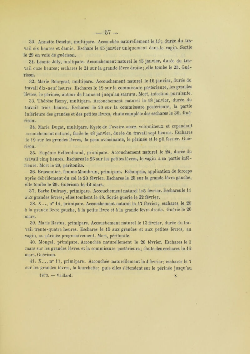 30. Annette Desclut, multipare. Accouchée naturellement le 13; durée du tra- vail six heures et demie. Eschare le 15 janvier uniquement dans le vagin. Sortie le 29 en voie de guérison. 31. Léonie Joly, multipare. Accouchement naturel le 15 janvier, durée du tra- vail onze heures; eschares le 21 sur la grande lèvre droite; .elle tombe le 25. Gué- rison. 32. Marie Bourgeat, multipare. Accouchement naturel le 16 janvier, durée du travail dix-neuf heures Eschares le 19 sur la commissure postérieure, les grandes lèvres, le périnée, autour de l’anus et jusqu’au sacrum. Mort, infection purulente. 33. Thérèse Remy, multipare. Accouchement naturel le 18 janvier, durée du travail trois heures. Eschares le 20 sur la commissure postérieure, la partie inférieure des grandes et des petites lèvres, chute complète des eschares le 30. Gué- rison. 34. Marie Dugat, multipare. Kyste de l’ovaire assez volumineux et cependant accouchement naturel, facile le 18 janvier, durée du travail sept heures. Eschares le 19 sur les grandes lèvres, la peau avoisinante, le périnée et le pli fessier. Gué- rison. 35. Eugénie Hellembrand, primipare. Accouchement naturel le 24, durée du travail cinq heures. Eschares le 25 sur les petites lèvres, le vagin à sa partie infé- rieure. Mort le 29, péritonite. 36. Braconnier, femme Momhrun, primipare. Eclampsie, application de forceps après débridement du col le 20 février. Eschares le 25 sur la grande lèvre gauche, elle tombe le 29. Guérison le 12 mars. 37. Barbe Dufrasy, primipare. Accouchement naturel le 5 février. Eschares le 11 aux grandes lèvres; elles tombent le 18. Sortie guérie le 22 février. 38. X..., n° 14, primipare. Accouchement naturel le 17 février; eschares le 20 à la grande lèvre gauche, à la petite lèvre et à la grande lèvre droite. Guérie le 20 mars. 39. Marie Rastus, primipare. Accouchement naturel le 13 février, durée du tra- vail trente-quatre heures. Eschares le 15 aux grandes et aux petites lèvres, au vagin, au périnée progressivement. Mort, péritonite. 40. Mongel, primipare. Accouchée naturellement le 26 février. Eschares le 3 mars sur les grandes lèvres et la commissure postérieure; chute des eschares le 12 mars. Guérison. 41. X..., n° 17, primipare. Accouchée naturellement le 4février; eschares le 7 sur les grandes lèvres, la fourchette; puis elles s’étendent sur le périnée jusqu’au 1873. — Vaillard. %