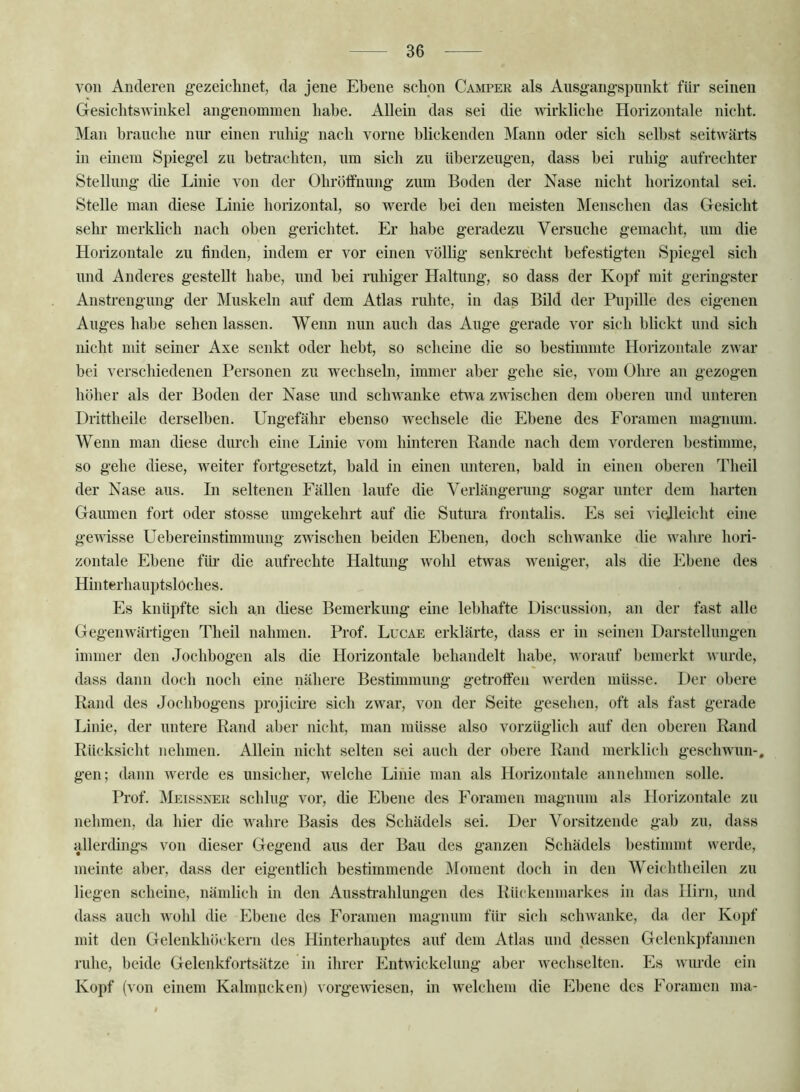 von Anderen gezeichnet, da jene Ebene schon Camper als Ausgang’spnnkt für seinen Gesichtswinkel angenommen habe. Allein das sei die nirkliche Horizontale nicht. Man brauche niu’ einen ruhig nach vorne blickenden Mann oder sich selbst seitwärts in einem Spiegel zu betrachten, nm sich zn überzeugen, dass hei ruhig aufrechter Stellung die Linie von der Ohrötfiiung zum Boden der Nase nicht horizontal sei. Stelle man diese Linie horizontal, so werde hei den meisten Menschen das Gesicht sehr merklich nach oben gerichtet. Er habe geradezu Versuche gemacht, um die Horizontale zu finden, indem er vor einen völlig senkrecht befestigten Spiegel sich und Anderes gestellt habe, und hei ruhiger Haltung, so dass der Kopf mit geringster Anstrengung der Muskeln auf dem Atlas ruhte, in das Bild der Pupille des eigenen Auges habe sehen lassen. Wenn nun auch das Auge gerade vor sich blickt und sich nicht mit seiner Axe senkt oder hebt, so scheine die so bestimmte Horizontale zwar hei verschiedenen Personen zu wechseln, immer aber gehe sie, vom Ohre an gezogen höher als der Boden der Nase und schwanke etwa zwischen dem oberen und unteren Drittheile derselben. Ungefähr ebenso wechsele die Ebene des Foramen niagimm. Wenn man diese durch eine Linie vom hinteren Rande nach dem vorderen bestimme, so gehe diese, weiter fortgesetzt, bald in einen unteren, bald in einen oberen Theil der Nase aus. In seltenen Fällen laufe die Verlängerung sogar unter dem harten Gaumen fort oder stosse umgekehrt auf die Sutura frontalis. Es sei vitjleicht eine geudsse Uebereinstimmung zwischen beiden Ebenen, doch schwanke die wahre hori- zontale Ebene für- die aufrechte Haltung wohl etwas weniger, als die Ebene des Hinterhauptsloches. Es knüpfte sich an diese Bemerkung eine lebhafte Discussion, an der fast alle Gegenwärtigen Theil nahmen. Prof. Lucae erklärte, dass er in seinen Darstellnngen immer den Jochbogen als die Horizontale behandelt habe, worauf bemerkt wurde, dass dann doch noch eine nähere Bestimmung getrotfen werden müsse. Der obere Rand des Jochbogens projicire sich zwar, von der Seite gesehen, oft als fast gerade Linie, der untere Rand aber nicht, man müsse also vorzüglich auf den oberen Rand Rücksicht nehmen. Allein nicht selten sei auch der obere Rand merklich geschwun-, g’en; dann werde es unsicher, welche Linie man als Horizontale annehmen solle. Prof. Meissner schlug vor, die Ebene des Foramen magnnm als Horizontale zu nehmen, da hier die wahre Basis des Schädels sei. Der Vorsitzende gab zu, dass allerdings von dieser Gegend aus der Bau des ganzen Schädels bestimmt werde, meinte aber, dass der eigentlich bestimmende Moment doch in den Weichtheilen zu liegen scheine, nämlich in den Anssti’ahlung'en des Rückenmarkes in das Hirn, uud dass auch wohl die Ebene des Foramen magnnm für sich schwanke, da der Kopf mit den Gelenkhöckern des Hinterhauptes auf dem Atlas und dessen Gelenkpfannen ruhe, beide Gelenkfortsätze in ihrer Entwickelung aber wechselten. Es wurde ein Kopf (von einem Kalmücken) vorgewiesen, in Avelchem die Ebene des Foramen ma-