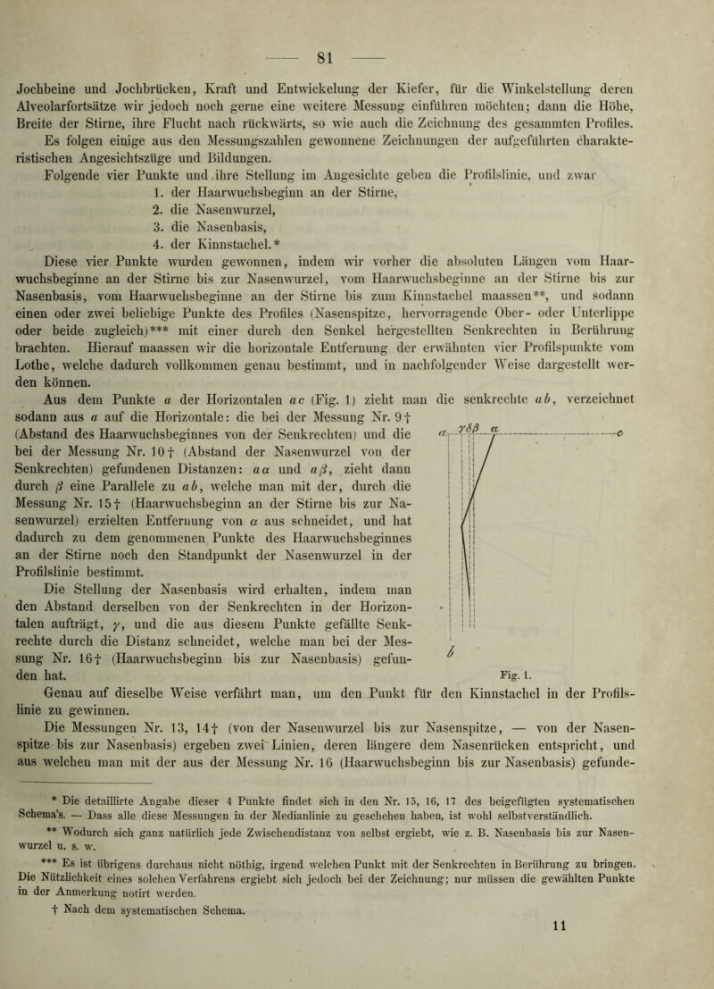 Jochbeine und Jochbrücken, Kraft und Entwickelung der Kiefer, für die Wiukelstellung deren Alveolarfortsätze wir jedoch noch gerne eine weitere Messung einführen möchten; dann die Höhe, Breite der Stirne, ihre Flucht nach rückwärts, so wie auch die Zeichnung des gesummten Proliles. Es folgen einige aus den Messuugszahleu gewonnene Zeichnungen der aufgeführten charakte- ristischen Angesichtszüge und Bildungen. Folgende vier Punkte und ihre Stellung im Angesichte geben die Prolilslinie, und zwar 1. der Haarwuchsbeginn an der Stirne, 2. die Nasenwurzel, 3. die Nasenbasis, 4. der Kiunstachel. * Diese vier Punkte wurden gewonnen, indem mr vorher die absoluten Längen vom Haar- wuchsbeginne an der Stirne bis zur Nasenwurzel, vom Haarwuchsbegiune au der Stirne bis zur Nasenbasis, vom Haarwuchsbeginne an der Stirne bis zum Kinnstacliel maassen**, und sodann einen oder zwei beliebige Punkte des Profiles (Nasenspifze, hervorragende Ober- oder Unterlipj)e oder beide zugleich)*** mit einer durch den Senkel he'rgestellten Senkrechten in Berührung brachten. Hierauf maassen wir die horizontale Entfernung der erwähnten vier Profilspunkte vom Lothe, welche dadurch vollkommen genau bestimmt, und in nachfolgender Weise dargestellt wer- den können. Aus dem Punkte a der Horizontalen ac (Fig. 1) zieht man die senkrechte ab, verzeichnet sodann aus a auf die Horizontale: die bei der Mxjssung Nr. 91 (Abstand des Haarwuchsbeginnes von der Senkrechten) und die bei der Messung Nr. 10 f (Abstand der Nasenwurzel von der Senkrechten) gefundenen Distanzen: aa und aß, zieht dann durch ß eine Parallele z\x ab, welche man mit der, durch die Messung Nr. 15f (Haarwuchsbegiun an der Stirne bis zur Na- senwurzel) erzielten Entfernung von a aus schneidet, und hat dadurch zu dem genommenen Punkte des Haarwuchsbeginnes an der Stirne noch den Standpunkt der Nasenwurzel in der Profilslinie bestimmt. Die Stellung der Nasenbasis wird erhalten, indem man den Abstand derselben von der Senkrechten in der Horizon- talen aufträgt, y, und die aus diesem Punkte gefällte Senk- rechte durch die Distanz schneidet, welche man bei der Mes- sung Nr. 16 t (Haarwuchsbeginn bis zur Nasenbasis) gefun- den hat. Fig. 1. Genau auf dieselbe Weise verfährt man, um den Punkt für den Kinnstachel in der Profils- linie zu gewinnen. Die Messungen Nr. 13, 14f (von der Nasenwurzel bis zur Nasenspitze, — von der Nasen- spitze bis zur Nasenbasis) ergeben zwei Linien, deren längere dem Nasenrücken entspricht, und aus welchen man mit der aus der Messung Nr. 16 (Haarwuchsbeginn bis zur Nasenbasis) gefunde- * Die detaillirte Angabe dieser 4 Punkte findet sich in den Nr. 15, 16, 17 des beigefügten systematischen Schema’s. — Dass alle diese Messungen in der Medianlinie zu geschehen haben, ist wohl selbstverständlich. ** Wodurch sich ganz natürlich jede Zwischendistanz von selbst ergiebt, wie z. B. Nasenbasis bis zur Nasen- wurzel u. s. w. *** Es ist übrigens durchaus nicht nöthig, irgend welchen Punkt mit der Senkrechten in Berührung zu bringen. Die Nützlichkeit eines solchen Verfahrens ergiebt sich jedoch bei der Zeichnung; nur müssen die gewählten Punkte in der Anmerkung notirt werden. t Nach dem systematischen Schema. 11