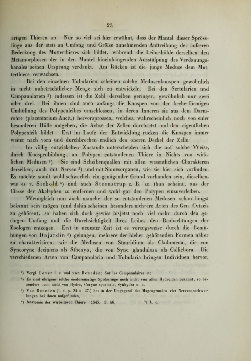 artigen Thieren an. Nur so viel sei hier erwähnt, dass der Mantel dieser Spröss- linge aus der stets an Umfang und Gröfse zunehmenden Auftreibung der äufseren Bedeckung des Mutterthleres sich bildet, während die Leibeshöble derselben den Metamorphosen der in den Mantel hineinhängenden Ausstülpung des Verdauungs- kanales seinen Ursprung verdankt. Am Rücken ist die junge Meduse dem Mul- terthiere verwachsen. Bei den einzelnen Tubularien scheinen solche Medusenknospen gewöhnlich in nicht unbeträchtlicher Menge sich zu entwickeln. Bei den Sertularien und Campanularlen indessen ist die Zahl derselben geringer, gewöhnlicb nur zwei oder drei. Bei ihnen sind auch anfangs die Knospen von der becherförmigen Umhüllung des Polypenleibes urascblossen, in deren Inneren sie aus dem Darm- rohre (placentariura Auctt.) hervorsprossen, welches, wahrscheinlich noch von einer besonderen Hülle umgeben, die Achse der Zellen durchsetzt und den eigentlichen Polypenleib bildet. Erst im Laufe der Entwicklung rücken die Knospen immer weiter nach vorn und durchbrechen endlich den oberen Deckel der Zelle. Im völlig entwickelten Zustande unterscheiden sieb die auf solche Weise, durch Knospenbildung, an Polypen entstandenen Thiere in Nichts von wirk- lichen Medusen 2), Sie sind Scheibenquallen mit allen wesentlichen Charakteren derselben, auch mit Nerven und mit Sinnesorganen, wie sie hier sich vorfinden. Es möchte somit wohl schwerlich ein genügender Grund vorhanden sein, dieselben, wie es v. Siebold''') und auch Steenstrup z. B. zu thun scheint, aus der Classe der Akalephen zu entfernen und wohl gar den Polypen einzuverleiben. Wenngleich nun auch manche der so entstandenen Medusen schon längst bekannt sein mögen (und dabin scheinen besonders mehrere Arten des Gen. Cylaeis zu gehören), so haben sich doch gewiss bisjetzt noch viel mehr durch den ge- ringen Umfang und die Durchsichtigkeit ihres Leibes den Beobacblungen der Zoologen entzogen. Erst in neuester Zeit ist es vorzugsweise durch die Bemü- hungen von Dujardin gelungen, mehrere der hieher gehörenden Formen näher zu charakterisiren, wie die Medusen von Stauridium als Cladomena, die von Syncoryne decipiens als Sthenyo, die von Sync. glandulosa als Callichora. Die verschiedenen Arten von Campanularia und Tubularia bringen Individuen bervor. *) Vergl. Loven I. c. und van Beneden: Sur les Campnnulaires etc. *) Es sind übrigens solche medusenartige Sprösslinge noch nicht von allen Hydroiden bekannt, so be- sonders noch nicht von Hydra, Coryne squamata, Synhydra u. a. Van Beneden (1. c. p. 24 u. 27.) hat in der Umgegend des Magengrundes vier IVervenanschwel- lungen bei ihnen aufgefunden. ■* *) Anatomie der wirbellosen Thiere. 1845. S. 46. L. c.