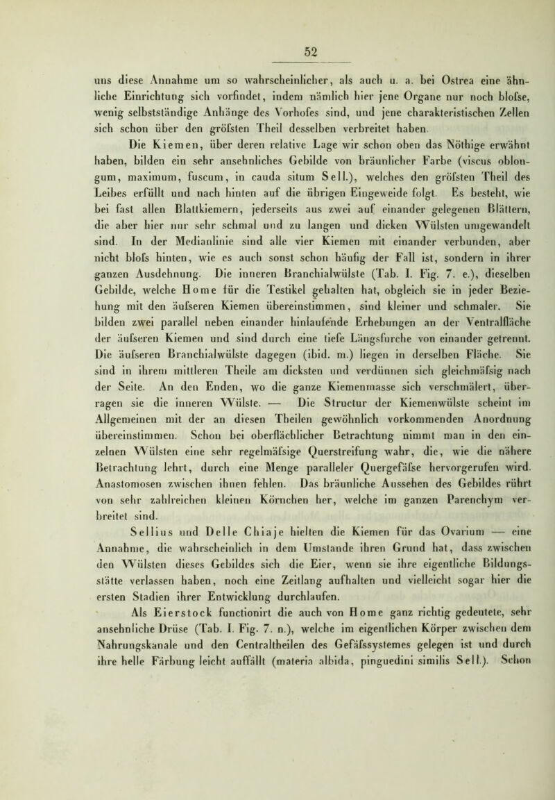 uns diese Annahme um so wahrscheinlicher, als auch u. a. bei Oslrea eine ähn- liche Einrichtung sich vorfindet, indem nämlich hier jene Organe nur noch blofse, wenig selbstständige Anhänge des Vorhofes sind, und jene charakteristischen Zellen sich schon über den gröfsten Theil desselben verbreitet haben. Die Kiemen, über deren relative Lage wir schon oben das Nöthige erwähnt haben, bilden ein sehr ansehnliches Gebilde von bräunlicher Farbe (viscus oblon- gum, maximum, fuscum, in cauda situm Seil.), welches den gröfsten Theil des Leibes erfüllt und nach hinten auf die übrigen Eingeweide folgt. Es besteht, wie bei fast allen Blattkiemern, jederseits aus zwei auf einander gelegenen Blättern, die aber hier nur sehr schmal und zu langen und dicken Wülsten umgewandelt sind. In der Medianlinie sind alle vier Kiemen mit einander verbunden, aber nicht blofs hinten, wie es auch sonst schon häufig der Fall Ist, sondern in ihrer ganzen Ausdehnung. Die inneren Branchialwülste (Tab. I. Fig. 7. e.), dieselben Gebilde, welche Home lür die Testikel gehalten hat, obgleich sie In jeder Bezie- hung mit den äufseren Kiemen übereinstimmen, sind kleiner und schmaler. Sie bilden zwei parallel neben einander hinlaufende Erhebungen an der Ventralfläche der äufseren Kiemen und sind durch eine tiefe Längsfurche von einander getrennt. Die äufseren Branchialwülste dagegen (ibid. m.) liegen in derselben Fläche. Sie sind in ihrem mittleren Theile am dicksten und vei'dünnen sich gleichmäfsig nach der Seite. An den Enden, wo die ganze Kiemenmasse sich verschmälert, über- ragen sie die inneren Wülste. — Die Structur der Kiemenwülste scheint im Allgemeinen mit der an diesen Theilen gewöhnlich vorkommenden Anordnung übereinstimmen. Schon bei oberflächlicher Betrachtung nimmt man in den ein- zelnen Wülsten eine sehr regelmäfsige Querstreifung wahr, die, wie die nähere Betrachtung lehrt, durch eine Menge paralleler Quergefäfse hervorgerufen wird. Anastomosen zwischen ihnen fehlen. Das bräunliche Aussehen des Gebildes rührt von sehr zahlreichen kleinen Körnchen her, welche Im ganzen Parenchym ver- breitet sind. Selllus und Delle Chiaje hielten die Kiemen für das Ovarium — eine Annahme, die wahrscheinlich in dem Umstande ihren Grund hat, dass zwischen den Wülsten dieses Gebildes sich die Eier, wenn sie Ihre eigentliche Bildungs- stätte verlassen haben, noch eine Zeltlang aufhalten und vielleicht sogar hier die ersten Stadien ihrer Entwicklung durchlaufen. Als Eierstock functionirt die auch von Home ganz richtig gedeutete, sehr ansehnliche Drüse (Tab. I. Fig. 7. n.), welche im eigentlichen Körper zwischen dem Nahrungskanale und den Centraltheilen des Gefäfssystemes gelegen ist und durch ihre helle Färbung leicht auffällt (materia albida, pinguedini similis Seil). Schon