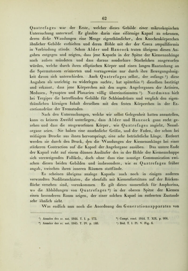 Quatrefages war der Erste, welcher dieses Gebilde einer mikroskopischen Untersuchung unterwarf. Er glaubte darin eine eiförmige Kapsel zu erkennen, deren dicke Wandungen eine Menge eigenthümlicher, den Knochenkörperchen ähnlicher Gebilde enthielten und deren Höhle mit der der Coeca ampulllformia ln Verbindung stände. Schon Alder und Hancock traten übrigens diesen An- gaben entgegen und zeigten, dass jene Kapseln ln der Spitze der Kiemenanhänge nach aufsen mündeten und dass daraus sonderbare Stachelchen ausgeworfen würden, welche durch ihren elliptischen Körper und einen langen Haaranhang an die Spermatozoen erinnerten und vorzugsweise nur durch ihre Bewegungslosig- keit davon sich unterschieden. Auch Quatrefages selbst, der anfangs diese Angaben als unrichtig zu widerlegen suchte, hat späterhin 2) dieselben bestätigt und erkannt, dass Jene Körperchen mit den sogen. Angelorganen der Actinlen, Medusen, Synapten und Planarien völlig übereinstimmten 5). Nordmanii hielt bei Tergipes die betreffenden Gebilde für Schleimdrüsen und verglich den eigen- thümllchen körnigen Inhalt derselben mit den festen Körperchen ln der Ex- cretlonsdrüse der Trematoden. Nach den Untersuchungen, welche wir selbst Gelegenheit hatten anzustellen, kann es keinem Zweifel unterliegen, dass Alder und Hancock ganz recht ge- sehen und dass die ausgeworfenen Körper, wie Quatrefages anglebt, Nessel- organe seien. Sie haben eine ansehnliche Gröfse, und der Faden, der schon bei mäfslgem Drucke aus ihnen hervorspringt, eine sehr beträchtliche Länge. Entleert werden sie durch den Druck, den die Wandungen der Kiemenanhänge bei einer stärkeren Contractlon auf die Kapsel der Angelorgane ausüben. Das untere Ende der Kapsel ruht auf einem dünnen Ausläufer des in der Höhle der Kiemenschuppe sich verzweigenden Follikels, doch ohne dass eine sonstige Communlcatlon zwi- schen diesen beiden Gebilden und Insbesondere, wie es Quatrefages früher angab, zwischen ihren inneren Räumen stattfände. Es scheinen übrigens analoge Kapseln auch noch in einigen anderen verwandten Nudibranchiaten, die ebenfalls mit Kiemenfortsätzen auf der Rücken- fläche versehen sind, vorzukommen. Es gilt dieses namentlich für Amphorina, wo die Abbildungen von Quatrefages D ln der oberen Spitze der Kiemen einen besonderen Raum zeigen, der einer solchen Kapsel im entleerten Zustande sehr ähnlich sieht. Was endlich nun noch die Anordnung des Generationsapparates von *) Annales des sc. nat. 1844. T. I. p. 173. •) Annales des sc. nat. 1845. T. IV. p. t46. *) Compt. rend. 1844. T. XIX. p. 806. *) Ibid. T. I. PI. V. Fig. 6.