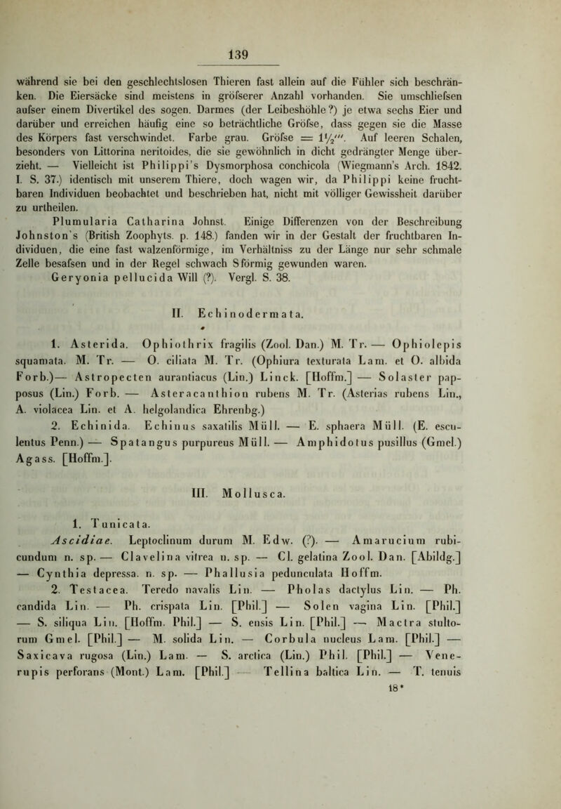 während sie bei den geschlechtslosen Thieren fast allein auf die Fühler sich beschrän- ken. Die Eiersäcke sind meistens in gröfserer Anzahl vorhanden. Sie umschliefsen aufser einem Divertikel des sogen. Darmes (der Leibeshöhle ?) je etwa sechs Eier und darüber und erreichen häufig eine so beträchtliche Gröfse, dass gegen sie die Masse des Körpers fast verschwindet. Farbe grau. Gröfse = Auf leeren Schalen, besonders von Littorina neritoides, die sie gewöhnlich in dicht gedrängter Menge über- zieht. — Vielleicht ist Philippi’s Dysmorphosa conchicola (Wiegmann’s Arch. 1842. I. S. 37.) identisch mit unserem Thiere, doch wagen wir, da Philippi keine frucht- baren Individuen beobachtet und beschrieben hat, nicht mit völliger Gewissheit darüber zu urtheilen. Plumularia Catharina lohnst. Einige Differenzen von der Beschreibung Johnston’s (British Zoophyts. p. 148.) fanden wir in der Gestalt der fruchtbaren In- dividuen, die eine fast walzenförmige, im Verhältniss zu der Länge nur sehr schmale Zelle besafsen und in der Regel schwach S förmig gewunden waren. Geryonia pellucida Will (?). Vergl. S. 38. II. E c h i n o d e r m a t a. 1. Asterlda. Ophiothrix fragllis (Zool. Dan.) M. Tr.— Ophlolepls squamata. M. Tr. — 0. cillata M. Tr. (Ophlura texturata Lam. et 0. alblda Forb.)— Astropecten aurantiacus (Lin.) Linck. [Hoffm.] — Solaster pap- posus (Lin.) Forb. — Asteracanthion rubens M. Tr. (Asterias rubens Lin., A. violacea Lin. et A. belgolandica Ehrenbg.) 2. Echinida. Ecbinus saxalilis Müll. — E. sphaera Müll. (E. escu- lentus Penn.) — Spatangus purpureus Müll. — Amphidofus pusillus (Gmel.) Aga SS. [Hoffm.]. III. Mollusca. 1. Tunicata. Ascidiae. Leptoclinum durum M. Edw. (?)• — Amarucium rubi- cundum n. sp. — Clavelina vifrea u. sp. — CI. gelatina Zool. Dan. [Abildg.] — Cynthia depressa. n. sp. — Phallusia pedunculata Ho ffm. 2. Testacea. Teredo navalis Lin. — Pholas dactylus Lin. — Ph. candida Lin. — Ph. crispata Lin. [Phil.] — Solen vagina Lin. [Phil.] — S. siliqua Lin. [Hoffm. Phil.] — S. ensis Lin. [Phil.] —■ Mactra stulto- rum Gmel. [Phil.] — M. solida Lin. — Corbula nucleus Lam. [Phil.] — Saxicava rugosa (Lin.) Lam. — S. arctica (Lin.) Phil. [Phil.] — Vene- rupis perforans (Mont.) Lara. [Phil.] — Tellina baltica Lin. — T. tenuis 18*