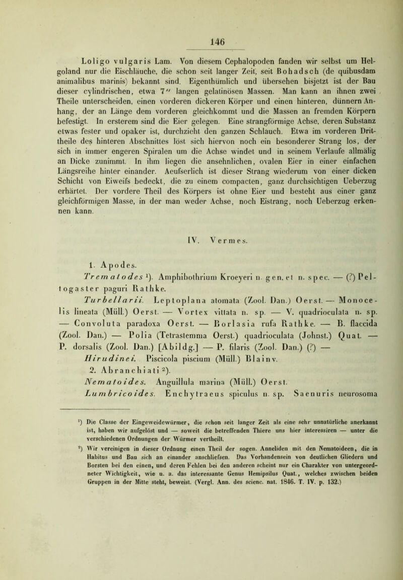 Loligo vulgaris Lam. Von diesem Cephalopoden fanden wir selbst um Hel- goland nur die Eischläuche, die schon seit langer Zeit, seit Bohadsch (de quibusdam animalibus marinis) bekannt sind. Eigenthümlich und übersehen bisjetzt ist der Bau dieser cylindrischen, etwa 'X langen gelatinösen Massen. Man kann an ihnen zwei , Theile unterscheiden, einen vorderen dickeren Körper und einen hinteren, dünnem An- hang, der an Länge dem vorderen gleichkommt und die Massen an fremden Körpern befestigt. In ersterem sind die Eier gelegen. Eine strangförmige Achse, deren Substanz etwas fester und opaker ist, durchzieht den ganzen Schlauch. Etwa im vorderen Drit- theile des hinteren Abschnittes löst sich hiervon noch ein besonderer Strang los, der sich in immer engeren Spiralen um die Ach.se windet und in seinem Verlaufe allmälig an Dicke zunimmt. In ihm liegen die ansehnlichen, ovalen Eier in einer einfachen Längsreihe hinter einander. Aeufserlich ist dieser Strang wiederum von einer dicken Schicht von Eiweifs bedeckt, die zu einem compacten, ganz durchsichtigen üeberzug erhärtet. Der vordere Theil des Körpers ist ohne Eier und besteht aus einer ganz gleichförmigen Masse, in der man weder Achse, noch Eistrang, noch üeberzug erken- nen kann. IV. Vermes. 1. Apodes. Tr ein at o d es ^). Amphibothrlum Kroeyeri n. gen. et n. spec. — (?)PeI- togaster paguri Rathke. Tiirhellarii. Leptoplana atomata (Zool. Daii.) Oer st.— Monoce- lis llneata (Müll.) Oerst. — Vortex viltata n. sp. — V. quadrloculata n. sp. — Convoluta paradoxa Oerst. — Borlasia rufa Rathke. — B. flaccida (Zool. Dan.) — Polia (Telx’astemma Oerst.) quadrloculata (Jolinst.) Quat. — P. dorsalis (Zool. Dan.) [Abildg.] — P. fdarls (Zool. Dan.) (?) — Hirudinei. Plsclcola piscium (Müll.) Blainv. 2. A b r a n c h 1 a t i 2). Nemafoides. Anguillula marina (Müll.) Oerst. Lu m b r ic o ide s. Enchytraeus splculus ii. sp. Saenuris neurosoma ') Die Classe der Eingevveidewürraer, die schon seit langer Zeit als eine sehr unnatürliche anerkannt ist, haben wir aufgelöst und — soweit die betreffenden Thiere uns hier interessiren — unter die verschiedenen Ordnungen der Würmer vertheilt. ®) Wir vereinigen in dieser Ordnung einen Theil der sogen. Anneliden mit den Nematoideen, die in Habitus und Bau sich an einander anschliefsen. Das Vorhandensein von deutlichen Gliedern und Borsten bei den einen, und deren Fehlen bei den anderen scheint nur ein Charakter von untergeord- neter Wichtigkeit, wie u. a. das interessante Genus Hcmipsilus Quat-» welches zwischen beiden Gruppen in der Mitte steht, beweist. (Vergl. .Ann. des scienc. nat. 1846. T. IV. p. 132.)