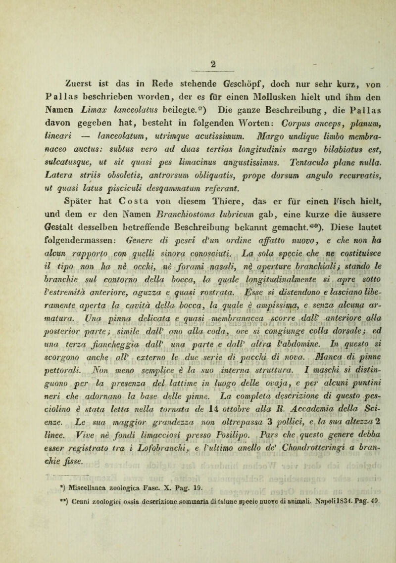 Zuerst ist das in Rede stehende Geschöpf, doch nur sehr kurz, von Pallas beschrieben worden, der es für einen Mollusken hielt und ihm den Namen Limax lanceolatus beilegte.* **)) Die ganze Beschreibung, die Pallas davon gegeben hat, besteht in folgenden Worten: Corpus anceps, planumy lineari — lanceolatum, utrimque acutissimum. Margo undique limbo membra- naceo auctus: subtus vero ad duas tertias longitudinis margo bilabiatus est, sulcatusque, ut sit quasi pes limacinus angustissimus. Tentacula plane nulla. Latera striis obsoletis, antrorsum obliquatis, prope dorsum angulo recurvatis, ut quasi latus pisciculi desqarnmatum referant. Später hat Costa von diesem Thiere, das er für einen Fisch hielt, und dem er den Namen Branchiostoma lubricum gab, eine kurze die äussere Gestalt desselben betreffende Beschreibung bekannt gemacht.*'151). Diese lautet folgendermassen: Genere di pesci d’un ordine affatto nuovo, e che non ha alcun rapporto con quelli sinora conosciuti. La sola specie che ne costituisce il tipo non ha ne occhi, ne forami nasali, ne aperture branchialij stando le branchie sul contorno della bocca, la quäle longitudinalmente si apre sotto l'estremitä anteriore, aguzza e quasi rostrata. Esse si distendono e lasciano libe- ramente aperta la cavitä della bocca, la quäle e ampissima, e setiza alcuna ar- matura. Una pinna delicata e quasi membranacea scorre dalV anteriore alla posterior parte-, simile doll’ ano alla coda, ove si congiunge colla dorsale; ed una terza ßancheggia dall' una parte e dall’ altra Vabdomine. In questo si scorgono anche all’ externo le due serie di pacchi di nova. Manca di pinne pettorali. Non meno semplice e la suo interna struttura. I maschi si distin- guojio per la presenza del lattime in luogo delle ovaja, e per alcuni puntini neri che adornano la base delle pinne. La completa descrizione di questo pes- ciolino e stata letta nella tornata de 14 ottobre alla B. Accademia della Sci- enze. Le sua maggior grandezza non oltrepassa 3 pollici, e la sua altezza 2 linee. Vive ne fondi limacciosi presso Posilipo. Pars che questo genere debba esser registrato tra i Lofobranclü, e Vultimo anello de' Chondrotteringi a bran- chie fisse. *) Miscellauea zoologica Faac. X. Pag. 19. **) Ceuni zoologici ossia descrizioue sommaria ili laluae specie uuorc di animali. Napoli 1834. Pag. 49