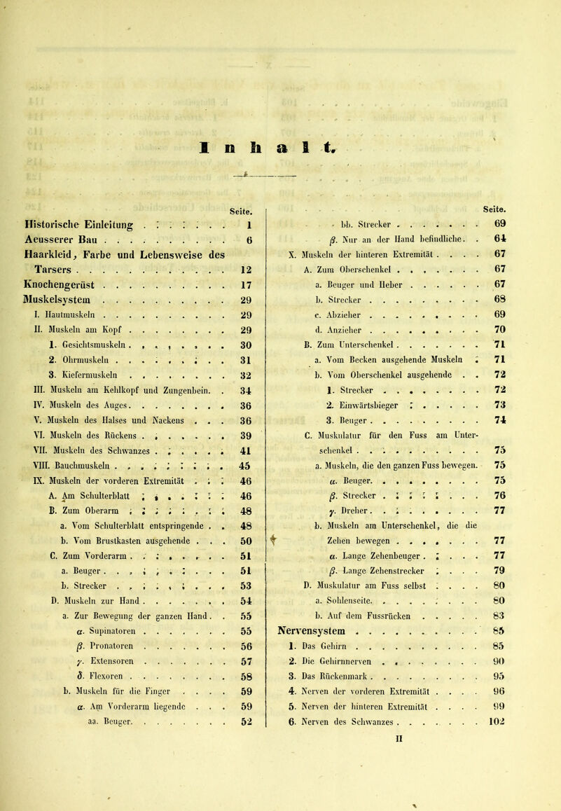 1 a 1 t. Seite. Seite. Historische Einleitung . : : i 1 ■ bb. Strecker ...... 69 Aeusserer Bau 6 ß. Nur an der Hand befindliche. 64 Haarkleid, Farbe und Lebensweise des X. Muskeln der hinteren Extremität . 67 Tarsers 12 A. Zum Oberschenkel ...... 67 Knochengerüst 17 a. Beuger und Heber 67 Muskelsystem 29 b. Strecker 68 I. Hautmuskeln 29 c. Abzieher 69 II. Muskeln am Kopf 29 d. Anzieher 70 1. Gesichtsmuskeln . , , ^ , 30 B. Zum Unterschenkel 71 2. Ohrmuskeln ...... . 31 a. Vom Becken ausgehende Muskeln « 71 3. Kiefermuskeln 32 b. Vom Oberschenkel ausgehende . 72 III. Muskeln am Kehlkopf und Zungenbein. 34 1. Strecker 72 IV. Muskeln des Auges 36 2. Einwärtshieger 73 V. Muskeln des Halses und Nackens . 36 3. Beuger 74 VI. Muskeln des Rückens ..... 39 C. Muskulatur für den Fuss am Unter- VII. Muskeln des Schwanzes . ; . . 41 schenke! . . 75 VIII. Bauchmuskeln 45 a. Muskeln, die den ganzen Fuss beweg en. 75 IX. Muskeln der vorderen Extremität . 46 u. Beuger . . 75 A. Am Schulterblatt ; t ; r - 46 ß. Strecker 76 B. Zum Oberarm ■ 48 y. Dreher 77 a. Vom Schulterblatt entspringende 48 b. Muskeln am Unterschenkel, die die b. Vom Brustkasten ausgehende . 50 t Zehen bewegen ...... 77 C. Zum Vorderarm . . ; » , 51 a. Lange Zehenbeuger . ; . . 77 a. Beuger 51 ß. Lange Zehenstrecker ; . . 79 b. Strecker 53 D. Muskulatur am Fuss selbst . . 80 D. Muskeln zur Hand 54 a. Sohlenseite 80 a. Zur Bewegung der ganzen Hand. 55 b. Auf dem Fussriicken .... 83 a■ Supinatoren 55 Nervensystem 85 ß. Pronatoren 56 1. Das Gehirn 85 y. Extensoren 57 2. Die Gehirnnerven . 90 8. Flexoren ...... 58 3. Das Rückenmark 95 b. Muskeln für die Finger 59 4. Nerven der vorderen Extremität . . . 96 a■ Am Vorderarm liegende . 59 5. Nerven der hinteren Extremität . 99 aa. Beuger 52 6. Nerven des Schwanzes 102 ii