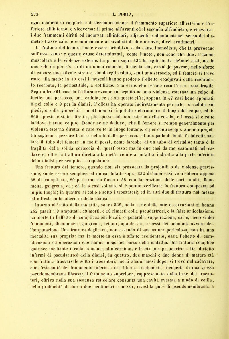 ogni maniera di rapporti e di decomposizione: il frammento superiore alTesterno e l’in- feriore aU’interno, e viceversa: il primo airavanti ed il secondo all’indietro, e viceversa: i due frammenti diritti od incurvati all’infuori; adjacenti o allontanali nel senso del dia- metro trasversale, e comunemente accavallali di due a nove, dieci centimetri. La frattura del femore suole essere primitiva, o da cause immediate, che la provocano sull’osso sano: e queste cause determinanti, come è noto, non sono che due, l’azione muscolare e le violenze esterne. La prima sopra 332 ha agito in H de’miei casi, ma in uno solo da per sè; su di un uomo robusto, di media età, calzolajo pavese, nello sforzo di calzare uno stivale stretto; stando egli seduto, senti uno scroscio, ed il femore si trovò rotto alla metà: in 10 casi i muscoli hanno prodotto l’effetto coadjuvali dalla rachitide, lo scorbuto, la periostitide, la cotilitide, e la carie, che aveano reso l’osso assai fragile. Negli altri 321 casi la frattura avvenne in seguito ad una violenza esterna; un colpo di fucile, una percossa, ima caduta, ec.; e su questa cifra, appena in 17 casi bene appurali, 8 pel collo e 9 per la diafisi, l’offesa ha operalo indirettamente per urto, o caduta sui piedi, 0 sulle ginocchia: in 41 non si è potuto determinare il luogo del colpo; ed in 260 questo è stato diretto, più spesso sul lato esterno della coscia, e l’osso si è rollo laddove è stato colpito. Donde se ne deduce, che il femore si rompe generalmente per violenza esterna diretta, e rare volte in luogo lontano, o per conlracolpo. Anche i projet- lili sogliono spezzare le ossa nel sito della percossa, ed una palla di fucile fa talvolta sal- tare il tubo del femore in molti pezzi, come farebbe di un tubo di cristallo; tanta è la fragilità della solida corteccia di quest’osso: ma in due casi da me esaminati nel ca- davere, oltre la frattura direna alla metà, ve n’era un’altra indiretta alla parte inferiore della diafisi per semplice screpolatura. Una frattura del femore, quando non sia provocata da projetlili o da violenze gravis- sime, suole essere semplice ed unica. Infatti sopra 332 de’miei casi ve n’ebbero appena 58 di complicale, 20 per arma da fuoco e 38 con lacerazione delle parli molli, flem- mone, gangrena, ec.; ed in 6 casi soltanto si è potuto verificare la frattura composta, od in più luoghi; in quattro al collo e sotto i trocanteri; ed in altri due di frattura nel mezzo ed all’estremità inferiore della diafisi. Intorno all’esito della malattia, sopra 332, nella serie delle mie osservazioni si hanno 262 guariti; 9 amputati; 43 morti; e 18 rimasti colla pseudarlrosi, o la falsa articolazione. La morte fu reffello di complicazioni locali, o generali; suppurazione, carie, necrosi dei frammenti, flemmone e gangrena, tetano, apoplessia, ascessi dei polmoni; ovvero del- l’amputazione. Una frattura degli arti, non essendo di sua natura pericolosa, non ha una mortalità sua propria: ma la morte in essa è affatto accidentale, ossia l’effetto di com- plicazioni ed operazioni che hanno luogo nel corso della malattia. Una frattura semplice guarisce mediante il callo, o manca al medesimo, e lascia una pseudarlrosi. Dei diciollo infermi di pseudarlrosi della diafisi, in quattro, due maschi e due donne di matura età con frattura trasversale sotto i trocanteri, morti alcuni mesi dopo, si trovò nel cadavere, che Testremilà del frammento inferiore era libera, arrotondala, ricoperta di una grossa pseudomembrana fibrosa; il frammento superiore, rappresentalo dalla base dei trocan- teri, offriva nella sua sostanza reticolare consunta una cavità evasala a modo di colila, Iella profondità di due a due centimetri e mezzo, rivestila pure di pseudomembrana: e