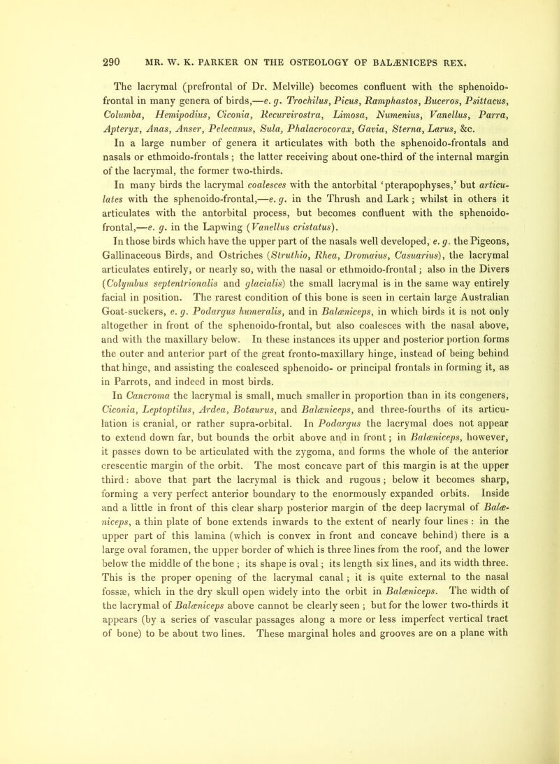 The lacrymal (prefrontal of Dr. Melville) becomes confluent with the sphenoido- frontal in many genera of birds,—e. g. Trochilus, Picus, Ramphastos, Buceros, Psittacus, Columba, Hemipodius, Ciconia, Recurvirostra, Limosa, Numenius, Vanellus, Parra, Apteryx, Anas, Anser, Pelecanus, Sula, Phalacrocorax, Gavia, Sterna, Larus, &c. In a large number of genera it articulates with both the sphenoido-frontals and nasals or ethmoido-frontals ; the latter receiving about one-third of the internal margin of the lacrymal, the former two-thirds. In many birds the lacrymal coalesces with the antorbital ‘pterapophyses,’ but articu- lates with the sphenoido-frontal,—e. g. in the Thrush and Lark; whilst in others it articulates with the antorbital process, but becomes confluent with the sphenoido- frontal,—e. g. in the Lapwing {Vanellus cristatus). In those birds which have the upper part of the nasals well developed, e. g. the Pigeons, Gallinaceous Birds, and Ostriches {Struthio, Rhea, Dromaius, Casuarius), the lacrymal articulates entirely, or nearly so, with the nasal or ethmoido-frontal; also in the Divers {Colymbus septentrionalis and glacialis) the small lacrymal is in the same way entirely facial in position. The rarest condition of this bone is seen in certain large Australian Goat-suckers, e. g. Podargus burneralis, and in Balceniceps, in which birds it is not only altogether in front of the sphenoido-frontal, but also coalesces with the nasal above, and with the maxillary below. In these instances its upper and posterior portion forms the outer and anterior part of the great fronto-maxillary hinge, instead of being behind that hinge, and assisting the coalesced sphenoido- or principal frontals in forming it, as in Parrots, and indeed in most birds. In Cancroma the lacrymal is small, much smaller in proportion than in its congeners, Ciconia, Leptoptilus, Ardea, Botaurus, and Balceniceps, and three-fourths of its articu- lation is cranial, or rather supra-orbital. In Podargus the lacrymal does not appear to extend down far, but bounds the orbit above and in front; in Balceniceps, however, it passes down to be articulated with the zygoma, and forms the whole of the anterior crescentic margin of the orbit. The most concave part of this margin is at the upper third: above that part the lacrymal is thick and rugous; below it becomes sharp, forming a very perfect anterior boundary to the enormously expanded orbits. Inside and a little in front of this clear sharp posterior margin of the deep lacrymal of Bala- niceps, a thin plate of bone extends inwards to the extent of nearly four lines : in the upper part of this lamina (which is convex in front and concave behind) there is a large oval foramen, the upper border of which is three lines from the roof, and the lower below the middle of the bone ; its shape is oval; its length six lines, and its width three. This is the proper opening of the lacrymal canal ; it is quite external to the nasal fossse, which in the dry skull open widely into the orbit in Balceniceps. The width of the lacrymal of Balceniceps above cannot be clearly seen ; but for the lower two-thirds it appears (by a series of vascular passages along a more or less imperfect vertical tract of bone) to be about two lines. These marginal holes and grooves are on a plane with