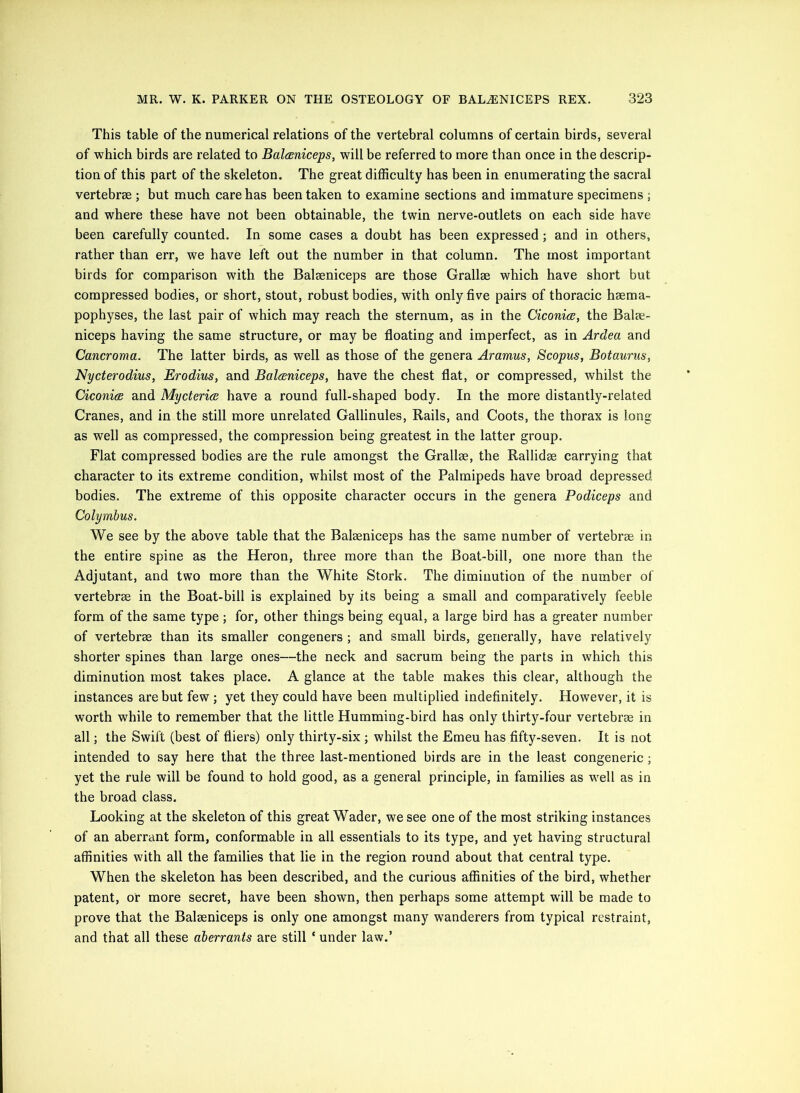 This table of the numerical relations of the vertebral columns of certain birds, several of which birds are related to Balaniceps, will be referred to more than once in the descrip- tion of this part of the skeleton. The great difficulty has been in enumerating the sacral vertebrae ; but much care has been taken to examine sections and immature specimens ; and where these have not been obtainable, the twin nerve-outlets on each side have been carefully counted. In some cases a doubt has been expressed; and in others, rather than err, we have left out the number in that column. The most important birds for comparison with the Balaeniceps are those Grallae which have short but compressed bodies, or short, stout, robust bodies, with only five pairs of thoracic hsema- pophyses, the last pair of which may reach the sternum, as in the Ciconia, the Balae- niceps having the same structure, or may be floating and imperfect, as in Ardea and Cancroma. The latter birds, as well as those of the genera Aramus, Scopus, Botauriis, Nycterodius, Erodius, and Baltsniceps, have the chest flat, or compressed, whilst the CiconicR and Mycterice have a round full-shaped body. In the more distantly-related Cranes, and in the still more unrelated Gallinules, Rails, and Coots, the thorax is long as well as compressed, the compression being greatest in the latter group. Flat compressed bodies are the rule amongst the Grallse, the Rallidae carrying that character to its extreme condition, whilst most of the Palmipeds have broad depressed bodies. The extreme of this opposite character occurs in the genera Podiceps and Colymbus. We see by the above table that the Balaeniceps has the same number of vertebrae in the entire spine as the Heron, three more than the Boat-bill, one more than the Adjutant, and two more than the White Stork. The diminution of the number of vertebrae in the Boat-bill is explained by its being a small and comparatively feeble form of the same type ; for, other things being equal, a large bird has a greater number of vertebrae than its smaller congeners ; and small birds, generally, have relatively shorter spines than large ones—the neck and sacrum being the parts in which this diminution most takes place. A glance at the table makes this clear, although the instances are but few ; yet they could have been multiplied indefinitely. However, it is worth while to remember that the little Humming-bird has only thirty-four vertebrae in all; the Swift (best of fliers) only thirty-six ; whilst the Emeu has fifty-seven. It is not intended to say here that the three last-mentioned birds are in the least congeneric; yet the rule will be found to hold good, as a general principle, in families as well as in the broad class. Looking at the skeleton of this great Wader, we see one of the most striking instances of an aberrant form, conformable in all essentials to its type, and yet having structural affinities with all the families that lie in the region round about that central type. When the skeleton has been described, and the curious affinities of the bird, whether patent, or more secret, have been shown, then perhaps some attempt will be made to prove that the Balaeniceps is only one amongst many wanderers from typical restraint, and that all these aberrants are still ‘ under law.’