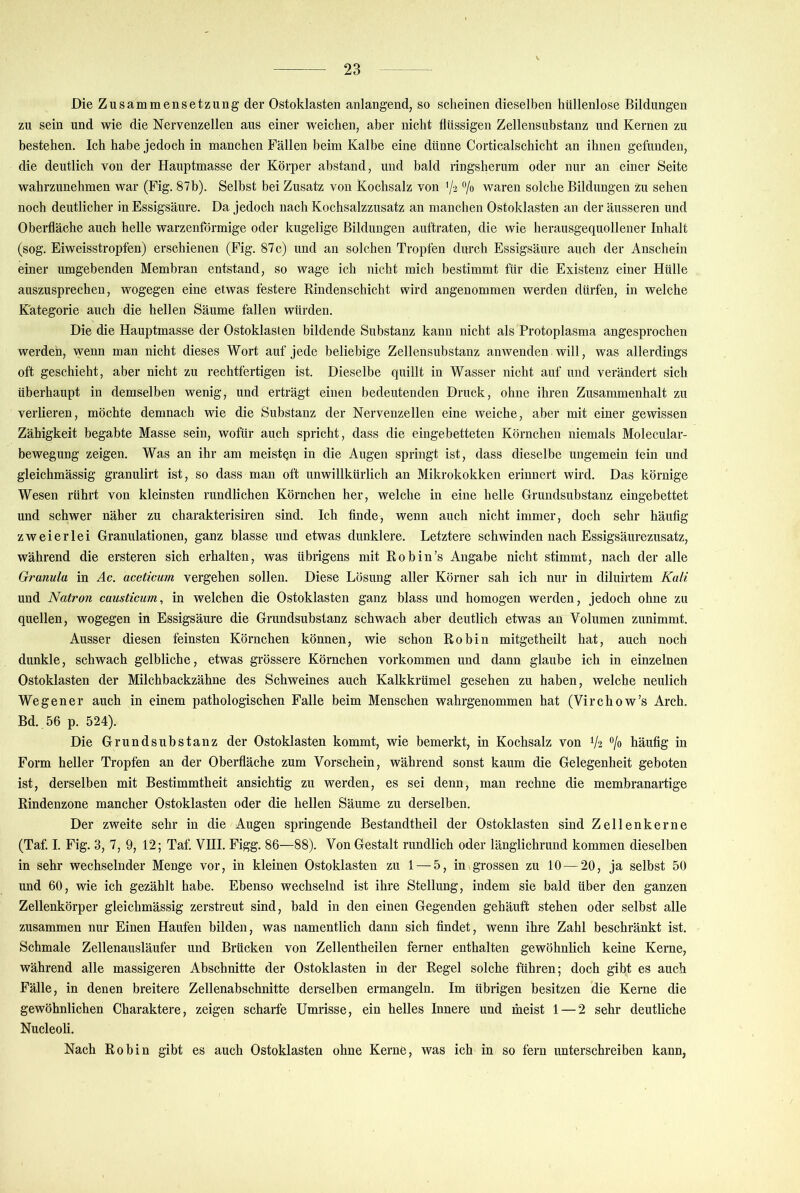 Die Zusammensetzung der Ostoklasten anlangend, so scheinen dieselben hüllenlose Bildungen zu sein und wie die Nervenzellen aus einer weichen, aber nicht flüssigen Zellensubstanz und Kerrien zu bestehen. Ich habe jedoch in manchen Fällen beim Kalbe eine dünne Corticalschicht an ihnen gefunden, die deutlich von der Hauptmasse der Körper abstand, und bald ringsherum oder nur an einer Seite wahrzunehmen war (Fig. 87b). Selbst bei Zusatz von Kochsalz von V2 ‘Yo waren solche Bildungen zu sehen noch deutlicher in Essigsäure. Da jedoch nach Kochsalzzusatz an manchen Ostoklasten an der äusseren und Oberfläche auch helle warzenförmige oder kugelige Bildungen auftraten, die wie herausgequollener Inhalt (sog. Eiweisstropfen) erschienen (Fig. 87c) und an solchen Tropfen durch Essigsäure auch der Anschein einer umgebenden Membran entstand, so wage ich nicht mich bestimmt für die Existenz einer Hülle auszusprechen, wogegen eine etwas festere Rindenschicht wird angenommen werden dürfen, in welche Kategorie auch die hellen Säume fallen würden. Die die Hauptmasse der Ostoklasten bildende Substanz kann nicht als Protoplasma angesprochen werden, wenn man nicht dieses Wort auf jede beliebige Zellensubstanz anwenden. will, was allerdings oft geschieht, aber nicht zu rechtfertigen ist. Dieselbe quillt in Wasser nicht auf und verändert sich überhaupt in demselben wenig, und erträgt einen bedeutenden Druck, ohne ihren Zusammenhalt zu verlieren, möchte demnach wie die Substanz der Nervenzellen eine weiche, aber mit einer gewissen Zähigkeit begabte Masse sein, wofür auch spricht, dass die eingebetteten Körnchen niemals Molecular- bewegung zeigen. Was an ihr am meisten in die Augen springt ist, dass dieselbe ungemein fein und gleichmässig granulirt ist, so dass man oft unwillkürlich an Mikrokokken erinnert wird. Das körnige Wesen rührt von kleinsten rundlichen Körnchen her, welche in eine helle Orundsubstanz eingebettet und schwer näher zu charakterisiren sind. Ich finde, wenn auch nicht immer, doch sehr häufig zweierlei Granulationen, ganz blasse und etwas dunklere. Letztere schwinden nach Essigsäurezusatz, während die ersteren sich erhalten, was übrigens mit Robin’s Angabe nicht stimmt, nach der alle Granula in Ac. aceticurn vergehen sollen. Diese Lösung aller Körner sah ich nur in diluirtem Kali und Natron causticum, in welchen die Ostoklasten ganz blass und homogen werden, jedoch ohne zu quellen, wogegen in Essigsäure die Grundsubstanz schwach aber deutlich etwas an Volumen zunimmt. Ausser diesen feinsten Körnchen können, wie schon Robin mitgetheilt hat, auch noch dunkle, schwach gelbliche, etwas grössere Körnchen Vorkommen und dann glaube ich in einzelnen Ostoklasten der Milchbackzähne des Schweines auch Kalkkrümel gesehen zu haben, welche neulich Weg euer auch in einem pathologischen Falle beim Menschen wahrgenommen hat (Virchow’s Arch. Bd. 56 p. 524). Die Grundsubstanz der Ostoklasten kommt, wie bemerkt, in Kochsalz von V2 ®/o häufig in Form heller Tropfen an der Oberfläche zum Vorschein, während sonst kaum die Gelegenheit geboten ist, derselben mit Bestimmtheit ansichtig zu werden, es sei denn, man rechne die membranartige Rindenzone mancher Ostoklasten oder die hellen Säume zu derselben. Der zweite sehr in die Augen springende Bestandtheil der Ostoklasten sind Zellenkerne (Taf. I. Fig. 3, 7, 9, 12; Taf VHI. Figg. 86—88). Von Gestalt rundlich oder länglichrund kommen dieselben in sehr wechselnder Menge vor, in kleinen Ostoklasten zu 1 — 5, in\grossen zu 10—20, ja selbst 50 und 60, wie ich gezählt habe. Ebenso wechselnd ist ihre Stellung, indem sie bald über den ganzen Zellenkörper gleichmässig zerstreut sind, bald in den einen Gegenden gehäuft stehen oder selbst alle zusammen nur Einen Haufen bilden, was namentlich dann sich findet, wenn ihre Zahl beschränkt ist. Schmale Zellenausläufer und Brücken von Zellentheilen ferner enthalten gewöhnlich keine Kerne, während alle massigeren Abschnitte der Ostoklasten in der Regel solche führen; doch gibt es auch Fälle, in denen breitere Zellenabschnitte derselben ermangeln. Im übrigen besitzen die Kerne die gewöhnlichen Charaktere, zeigen scharfe Umrisse, ein helles Innere und irieist 1 — 2 sehr deutliche Nucleoli. Nach Robin gibt es auch Ostoklasten ohne Kerne, was ich in so fern unterschreiben kann,