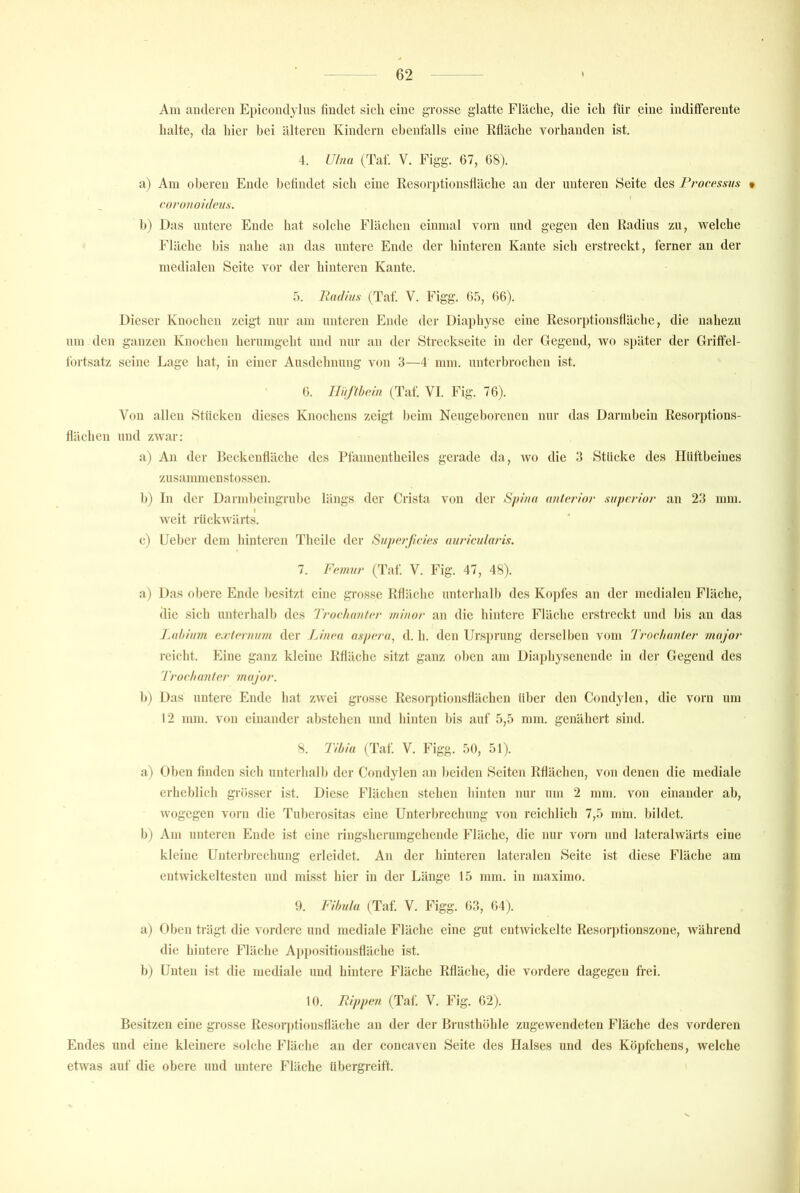 Am anderen Epicondylus lindet sich eine grosse glatte Fläche, die ich fär eine indifferente halte, da hier bei älteren Kindern ebentälls eine Kfläche vorhanden ist. 4. Uhia (Taf. V. Figg. 67, 68). a) Am oberen Ende befindet sich eine Resorptionsfläche an der unteren Seite des Processus • coronoidens. b) Das untere Ende hat solche Flächen einmal vorn und gegen den Radius zu, welche Fläche bis nahe an das untere Ende der hinteren Kante sich erstreckt, ferner an der medialen Seite vor der hinteren Kante. 5. Radius (Taf. V. Figg. 65, 66). Dieser Knochen zeigt nur am unteren Ende der Dia])hyse eine Resor|)tionsfläche, die nahezu um den ganzen Knochen hcrumgeht und nur an der Streckseite in der Gegend, wo später der Griffel- fortsatz seine Lage bat, in einer Ausdehnung von 3—f mm. unterbrochen ist. (j. llüfihcin (Taf VL Fig. 76). Von allen Stücken dieses Knochens zeigt beim Neugeborenen nur das Darmbein Resorptions- flächen und zwar: a) An der RcckenHäche des Rlännentheilcs gerade da, wo die 3 Stücke des Hüftheines zusammenstossen. b) Tn der Darmbeingrubc längs der Crista von der Spina anlerior superior an 23 mm. weit rückwärts. c) lieber dem hinteren Theilc der Superficies auricularis. 7. Femur (Taf V. Fig. 47, 48). a) Das obere Ende besitzt eine grosse Rfläche unterhalb des Ko])fes an der medialen Fläche, die sich unterhalb des Trochanter miuor an die hintere Fläche erstreckt und bis an das dAddum emternum dei' Linea aspera, d. h. (len Ursprung derselben vom 'rrochanter major reicht. Eine ganz kleine Rfläche sitzt ganz oben am Diaj)byscnende in der Gegend des 'rrochanter major. b) Das untere Ende hat zwei grosse Resorj)tionsflächcn über den Condylen, die vorn um 12 mm. von einander abstelien und hinten bis auf 5,5 mm. genähert sintf 8. Tihia (Taf V. Figg. 50, 51). a) Oben finden sich untcrlialb der Condylen an beiden Seiten Rflächen, von denen die mediale erheblich grösser i.st. Diese Flächen stehen hinten nur um 2 mm. von einander ab, wogegen vorn die l’uberositas eine Unterbreebung von reichlich 7,5 mm. bildet b) Am unteren Ende ist eine ringsherumgehende Fläche, die nur vorn und lateralwärts eine kleine Unterbrechung erleidet An der hinteren lateralen Seite ist diese Fläche am entwickeltesten und misst hier in der Länge 15 mm. in maximo. 9. Fibula (Taf V. Thgg. (53, 64). a) Oben trägt die vordere und mediale Fläche eine gut entwickelte Resor])tionszone, während die bintei-e Fläche A])positionsfläche ist. b) Unten ist die mediale und hintere Flüche Rfläche, die vordere dagegen frei. U). Rippen (Taf V. Fig. 62). Besitzen eine grosse Resorptionsfläche an der der Brusthöhle zugewendeten Fläche des vorderen Endes und eine kleinere solche Fläche an der concaven Seite des TTalses und des Köpfchens, welche etwas auf die obere und untere Fläche übergreift.