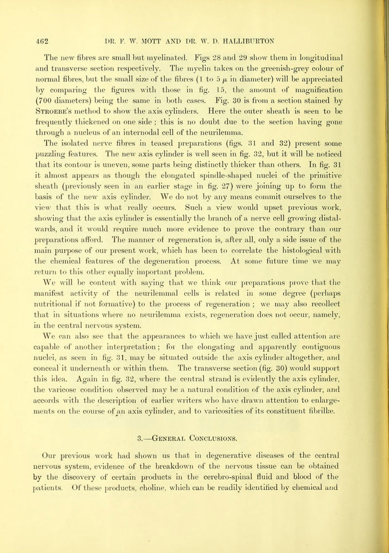 The new fibres are small but myelinated. Figs 28 and 29 show them in longitudinal and transverse section respectively. The myelin takes on the greenish-grey colour of normal fibres, but the small size of the fibres (1 to 5 p, in diameter) will be appreciated by comparing the figures with those in fig. 15, the amount of magnification (700 diameters) being the same in both cases. Fig. 30 is from a section stained by Stroebe’s method to show the axis cylinders. Here the outer sheath is seen to be frequently thickened on one side ; this is no doubt due to the section having gone through a nucleus of an internodal cell of the neurilemma. The isolated nerve fibres in teased preparations (figs. 31 and 32) present some puzzling features. The new axis cylinder is well seen in fig. 32, but it will be noticed that its contour is uneven, some parts being distinctly thicker than others. In fig. 31 it almost appears as though the elongated spindle-shaped nuclei of the primitive sheath (previously seen in an earlier stage in fig. 27) were joining up to form the basis of the new axis cylinder. We do not by any means commit ourselves to the view that this is what really occurs. Such a view would upset previous work, showing that the axis cylinder is essentially the branch of a nerve cell growing distal- wards, and it would require much more evidence to prove the contrary than our preparations afford. The manner of regeneration is, after all, only a side issue of the main purpose of our present work, which has lieen to correlate the histological with the chemical features of the degeneration process. At some future time we may return to this other equally important prolfiem. We will l)e content with saying that we think our preparations jR'Ove that the manifest activity of the neurilemmal cells is related in some degree (perhaps nutritional if not formative) to the process of regeneration ; we may also recollect that in situations where no neurilemma exists, regeneration does not occur, namely, in the central nervous system. We can also see that the appearances to which we have just called attention are cajoable of another interpretation; for the elongating and apparently contiguous nuclei, as seen in fig. 31, may be situated outside the axis cylinder altogether, and conceal it underneath or within them. The transverse section (fig. 30) would support this idea. Again in fig. 32, where the central strand is evidently the axis cylinder, the varicose condition observed may be a natural condition of the axis cylinder, and accords with the description of earlier writers who have drawn attention to enlarge- ments on the course of an axis cylinder, and to varicosities of its constituent fibrillm. 3.—General Conclusions. Our previous work had shown us that in degenerative diseases of the central nervous system, evidence of the breakdown of the nervous tissue can be obtained by the discovery of certain products in the cerebro-spinal fluid and blood of the patients. Of these products, choline, which can be readily identified by chemical and