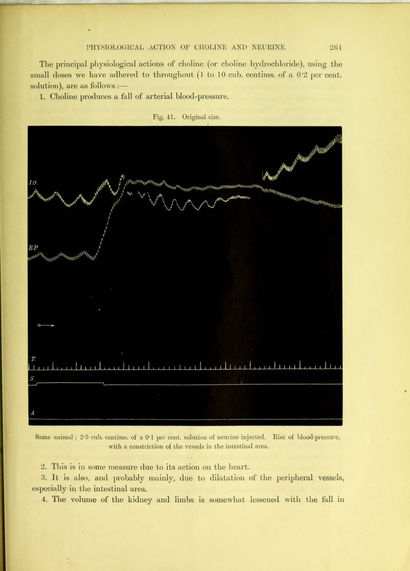 The principal physiological actions of choline (or clioline hydrochloride), using the small doses we have adhered to throughout (1 to 10 cub. centims. of a 0‘2 per cent, solution), are as follows :— 1. Choline produces a fall of arterial blood-pressure. Fig. 41. Original size. Same animal; 2‘5 cub. centims. of a OT per cent, solution of neurine injected. Eise of blood-pressure, with a constriction of the vessels in the intestinal area. 2. This is in some measure due to its action on the heart. 3. It is also, and probably mainly, due to dilatatio2i of the peripheral vessels, especially in the intestinal area.