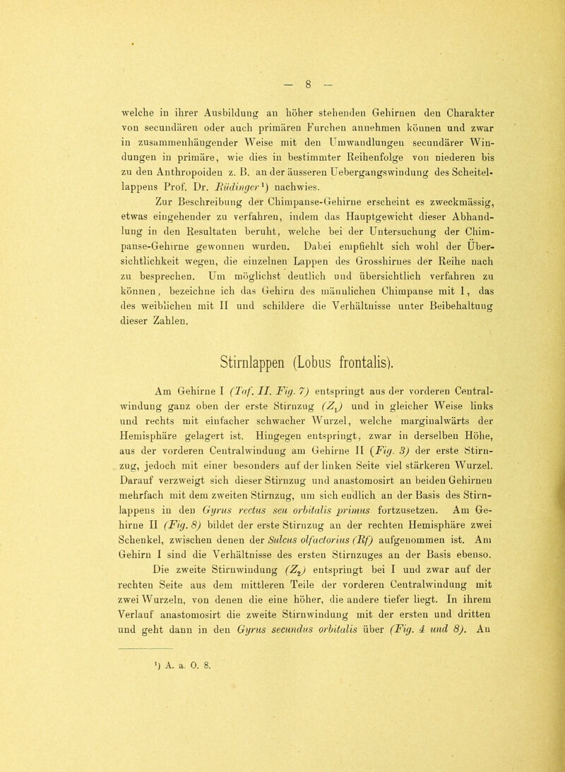 welche in ihrer Ausbildung an höher stehenden Gehirnen den Charakter von secundären oder auch primären Furchen annehmen können und zwar in zusammenhängender Weise mit den Umwandlungen secuudärer Win- dungen in primäre, wie dies in bestimmter Reihenfolge von niederen bis zu den Anthropoiden z. B. an der äusseren Uebergangswiudung des Scheitel- lappens Prof. Dr. Büdinger^) nachwies. Zur Beschreibung der Chimpanse-Gehirne erscheint es zweckmässig, etwas eingehender zu verfahren, indem das Hauptgewicht dieser Abhand- lung in den Resultaten beruht, welche bei der Untersuchung der Chim- panse-Gehirue gewonnen wurden. Dabei empfiehlt sich wohl der Über- sichtlichkeit wegen, die einzelnen Lappen des Grosshirnes der Reihe nach zu besprechen. Um möglichst deutlich und übersichtlich verfahren zu können, bezeichne ich das Gehirn des männlichen Chimpanse mit 1, das des weiblichen mit II und schildere die Verhältnisse unter Beibehaltung dieser Zahlen. Stirnlappen (Lohns frontalis). Am Gehirne I (Taf. II. Fig. 7) entspringt aus der vorderen Central- windung ganz oben der erste Stiruzug (Z^ und in gleicher Weise links und rechts mit einfacher schwacher Wurzel, welche margiualwärts der Hemisphäre gelagert ist. Hingegen entspringt, zwar in derselben Höhe, aus der vorderen Centralwinduug am Gehirne II {Fig. 3) der erste Stirn- zug, jedoch mit einer besonders auf der linken Seite viel stärkeren Wurzel. Darauf verzweigt sich dieser Stirnzug und anastomosirt an beiden Gehirnen mehrfach mit dem zweiten Stirnzug, um sich endlich an der Basis des Stirn- lappeus in den Gyriis rectus seu orhitalis primus fortzusetzen. Am Ge- hirne H (Fig. 8) bildet der erste Stirnzug an der rechten Hemisphäre zwei Schenkel, zwischen denen der Sulcus olfactorius (Bf) aufgenommen ist. Am Gehirn I sind die Verhältnisse des ersten Stirnzuges au der Basis ebenso. Die zweite Stirnwiudung (Z^) entspringt bei I und zwar auf der rechten Seite aus dem mittleren Teile der vorderen Ceutralwindung mit zwei Wurzeln, von denen die eine höher, die andere tiefer liegt. In ihrem Verlauf anastomosirt die zweite Stirnwindung mit der ersten und dritten und geht dann in den Gyrus secundus orhitalis über (Fig. d und 8). Au 0 A. a, 0. 8.