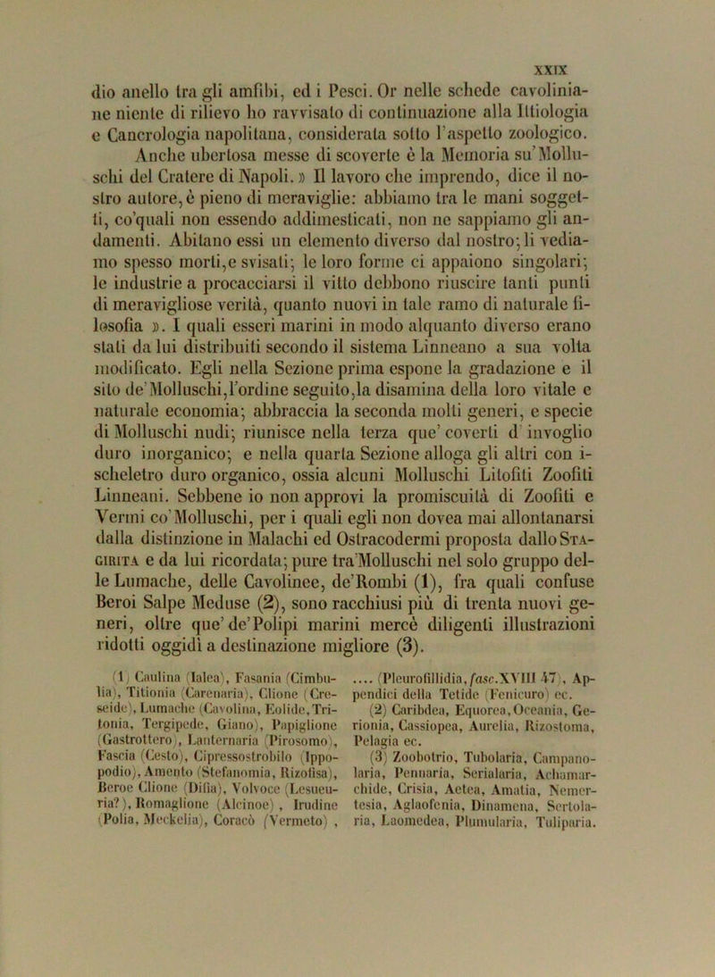 dio anello tra gli amfibi, ed i Pesci. Or nelle schede cavolinia- ne niente di rilievo ho ravvisalo di continuazione alla Ittiologia e Cancrologia napolitana, considerala sotto f aspetto zoologico. Anche ubertosa messe di scovcrle è la Memoria su’Mollu- schi del Cratere di Napoli. )) Il lavoro che imprendo, dice il no- stro autore, è pieno di meraviglie: abbiamo tra le mani sogget- ti, co’quali non essendo addimesticali, non ne sappiamo gli an- damenti. Abitano essi un elemento diverso dal nostro; li vedia- mo spesso morti,e svisati; le loro forme ci appaiono singolari; le industrie a procacciarsi il vitto debbono riuscire tanti punti di meravigliose verità, quanto nuovi in tale ramo di naturale fi- losofia )). I quali esseri marini in modo alquanto diverso erano stali da lui distribuiti secondo il sistema Linneano a sua volta modificato. Egli nella Sezione prima espone la gradazione e il silo de'Molluschi,bordine seguitola disamina della loro vitale c naturale economia; abbraccia la seconda molti generi, e specie di Molluschi nudi; riunisce nella terza que’ coverti d invoglio duro inorganico; e nella quarta Sezione alloga gli altri con i- scheletro duro organico, ossia alcuni Molluschi Lilofiti Zoofili Linneani. Sebbene io non approvi la promiscuità di Zoofiti e Venni co'Molluschi, per i quali egli non dovea mai allontanarsi dalla distinzione in Malachi ed Oslracodermi proposta dallo Sta- girita e da lui ricordala; pure tra’Molluschi nel solo gruppo del- le Lumache, delle Cavolinee, de’Rombi (1), fra quali confuse Beroi Salpe Meduse (2), sono racchiusi più di trenta nuovi ge- neri, oltre que’de’Polipi marini mercè diligenti illustrazioni ridotti oggidì a destinazione migliore (3). (1) Caulina (laica), Fasania (Cimbu- .... (Pleurofillidia, /ose.XVIII 47 , Ap- lia), Titioma (Carenaria), Clione (Cre- perniici della Fetide (Fenicuro) ec. sei de), Lumache (Cavolina, Bolide, Tri- (2) Caribdea, Equorea, Oceania, Ge- tonia, Tergipede, Giano), Papiglione rionia, Cassiopea, Aurelia, Rizostoma, (Gastrottero), Lanternaria (Pirosomo), Pelagia ec. Fascia (Cesto), Cipressostrobilo (Ippo- (3) Zoobotrio, Tubolaria, Campano- podio), Amento (Stefanomia, Rizolìsa), laria, Pennaria, Serialaria, Achumar- ileroe Clione (Difìa), Volvoec (Lesueu- elude, Crisia, Aetea, Amalia, Nemer- ria? ), Remagliene (Alcinoe) , Inuline tesia, Aglaofenia, Dinamena, Sertola- \Polia, Meckelia), Coracò (Vermeto) , ria, Laomcdea, Plumularia, Tuliparia.