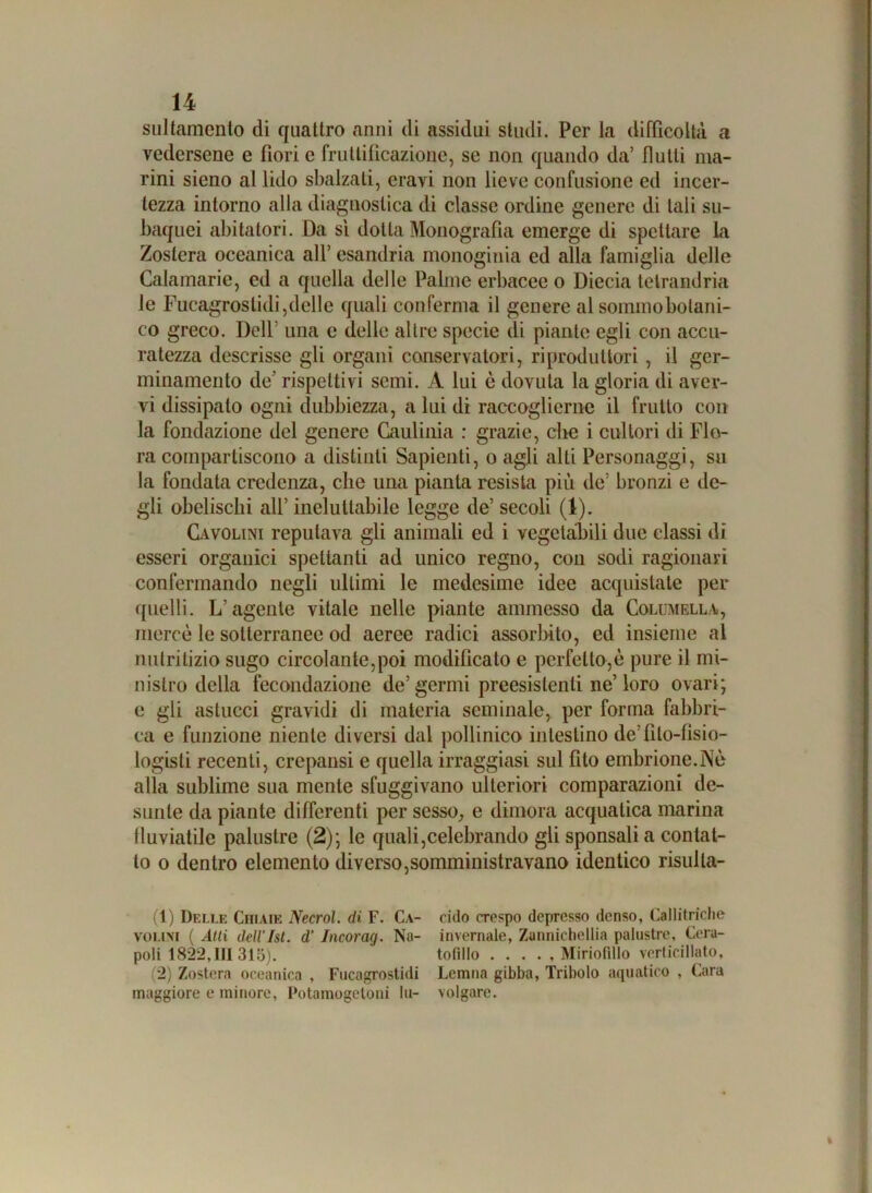 sultamento di quattro anni di assidui studi. Per la difficoltà a vedersene e fiori e fruttificazione, se non quando da’ flutti ma- rini sieno al lido sbalzati, eravi non lieve confusione ed incer- tezza intorno alla diagnostica di classe ordine genere di tali su- baquei abitatori. Da sì dotta Monografìa emerge di spettare la Zostera oceanica all’ esandria monoginia ed alla famiglia delle Calamarie, ed a quella delle Paline erbacee o Diecia tetrandria le Fucagroslidi,delle quali conferma il genere al sommobotani- co greco. Dell’ una e delle altre specie di piante egli con accu- ratezza descrisse gli organi conservatori, riproduttori, il ger- minamento de’ rispettivi semi. À lui è dovuta la gloria di aver- vi dissipato ogni dubbiezza, a lui di raccoglierne il frutto con la fondazione del genere Caulinia : grazie, che i cultori di Flo- ra compartiscono a distinti Sapienti, o agli alti Personaggi, su la fondata credenza, che una pianta resista più de’ bronzi e de- gli obelischi all’ ineluttabile legge de’ secoli (1). Cavolini reputava gli animali ed i vegetabili due classi di esseri organici spettanti ad unico regno, con sodi ragionari confermando negli ultimi le medesime idee acquistate per quelli. L’agente vitale nelle piante ammesso da Columella,, mercè le sotterranee od aeree radici assorbito, ed insieme al nutritizio sugo circolante,poi modificato e perfetto,è pure il mi- nistro della fecondazione de’ germi preesistenti ne’ loro ovari; e gli astucci gravidi di materia seminale, per forma fabbri- ca e funzione niente diversi dal pollinico intestino de’fìto-fìsio- logisti recenti, crepansi e quella irraggiasi sul fito embrione.Nè alla sublime sua mente sfuggivano ulteriori comparazioni de- sunte da piante differenti per sesso, e dimora acquatica marina fluviatile palustre (2); le quali,celebrando gli sponsali a contat- to o dentro elemento diverso,somministravano identico risulla- (1) Delle Cfiiaie Necrol. di F. Ca- volai ( Alti dell’Ist. d'Inoorag. Na- poli 1822,01315). (2) Zostera oceanica , Fucagrostitli maggiore e minore, Fotamogetoni lu- cido crespo depresso denso, Callitriche invernale, Zannichellia palustre, Cera- tofillo . . . . , Miriofillo verticillato, Lemna gibba, Tribolo aquatico , Cara volgare.