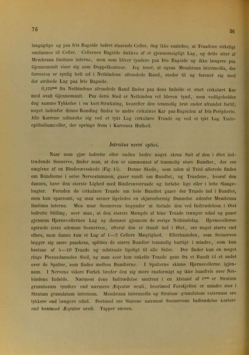 36 langagtige og paa Iris Bagside lodret staaende Celler, dog ikke saaledes, at Traadene virkeligt omdannes til Celler. Cellernes Bagside dækkes af et gennemsigtigt Lag, og dette atter af Membrana limitans interna, men som bliver tyndere paa Iris Bagside og ikke længere paa Gjennemsnit viser sig som Doppelkontour. Jeg troer, at ogsaa Membrana inlermedia, der forresten er synlig helt ud i Nethindens afrundede Iland, støder til og forener sig med det stribede Lag paa Iris Bagside. 0,l7omm fra Nethindens afrundede Band findes paa dens Indside et stort cirkulært Kar med ovalt Gjennemsnit. Paa dette Sted er Nethinden vel bleven tynd, men vedligeholder dog samme Tykkelse i en kortStrækning, hvorefter den temmelig brat ender afrundet fortil; noget indenfor denne Runding findes to andre cirkulære Kar paa Bagsiden af Iris Peripherie. Alle Karrene udmærke sig ved et tykt Lag cirkulære Traade og ved et tykt Lag Tavle- epitheliumceller, der springe frem i Karrenes Hulhed. Introitus tiervi optici. Naar man gjør lodrette eller endnu bedre noget skraa Snit af den i Øiet ind- trædende Seenerve, finder man, at den er sammensat af temmelig store Bundter, der ere omgivne af en Bindevævsskede (Fig. 15). Denne Skede, som uden al Tvivl allerede findes om Bundterne i selve Nervestammen, gaaer rundt om Bundtet, og Traadene, hvoraf den dannes, have den største Lighed med Bindevævstraade og forløbe lige eller i lette Slange- bugter. Foruden de cirkulære Traade om hele Bundtet gaaer der Traade ind i Bundtet, men kun sparsomt, og man savner ligeledes en skjærmformig Dannelse udenfor Membrana limitans interna. Men naar Seenerven begynder at forlade den ved Indtrædelsen i Øiet lodrette Stilling, seer man, at den største Mængde af hine Traade trænger udad og gaaer gjennem Hjernecellernes Lag og dernæst gjennem de øvrige Nethindelag. Hjernecellerne optræde strax udenom Seenerven, efterat den er traadt ind i Øiet, ere noget større end ellers, men danne kun et Lag af 1—2 Cellers Mægtighed. Efterhaanden, som Seenerven lægger sig mere paaskraa, splittes de større Bundter temmelig hurtigt i mindre, som kun bestaae af 5—10 Traade og udslraale ligeligt til alle Sider. Der finder kun en meget ringe Plexusdannelse Sted, og man seer kun enkelte Traade gaae fra et Bundt til et andet over de Spalter, som findes mellem Bundterne. I Spalterne skinne Hjernecellerne igjen- nem. I Nervens videre Forløb breder den sig mere ensformigt og ikke bundtvis over Net- hindens ludside. Nærmest dens Indtrædelse omtrent i en Afstand af lmm er Stratum granulosum tyndere end nærmere Æqvator oculi, hvorimod Forskjellen er mindre stor i Stratum granulatum internum. Membrana intermedia og Stratum granulation externum ere tykkere end længere udad. Derimod ere Stavene nærmest Seenervens Indtrædelse kortere end henimod Æqvator oculi. Tapper savnes.