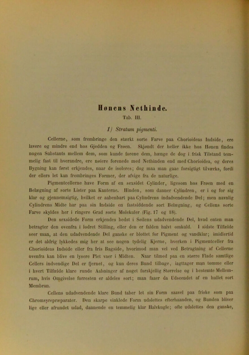 Hønens Nethinde. Tab. III. 1) Stratum pigmenti. Cellerne, som frembringe den stærkt sorte Farve paa Chorioideas Indside, ere lavere og mindre end hos Gjedden og Frøen. Skjøndt der heller ikke hos Hønen findes nogen Substants mellem dem, som kunde forene dem, hænge de dog i frisk Tilstand tem- melig fast til hverandre, ere nøiere forenede med Nethinden end med Chorioidea, og deres Bygning kan først erkjendes, uaar de isoleres; dog maa man gaae forsigtigt tilværks, fordi der ellers let kan frembringes Former, der afvige fra de naturlige. Pigmentcellerne have Form af en sexsidet Cylinder, ligesom hos Frøen med en Belægning af sorte Lister paa Kanterne. Hinden, som danner Cylindren, er i og for sig klar og gjennemsigtig, hvilket er aabenbart paa Cylindrens indadvendende Del; men navnlig Cylindrens Midte har paa sin Indside en fastsiddende sort Belægning, og Cellens sorte Farve skyldes her i ringere Grad sorte Molekuler (Fig. 17 og 18). Den sexsidede Form erkjendes bedst i Søilens udadvendende Del, hvad enten man betragter den ovenfra i lodret Stilling, eller den er falden halvt omkuld. I sidste Tilfælde seer man, at den udadvendende Del ganske er blottet for Pigment og vandklar; imidlertid er det aldrig lykkedes mig her at see nogen tydelig Kjerne, hverken i Pigmentceller fra Chorioideas Indside eller fra Iris Bagside, hvorimod man vel ved Betragtning af Cellerne ovenfra kan blive en lysere Plet vaer i Midten. Naar tilmed paa en større Flade samtlige Cellers indvendige Del er fjernet, og kun deres Bund tilbage, iagttager man tomme eller i hvert Tilfælde klare runde Aabninger af noget forskjellig Størrelse og i bestemte Mellem- rum, hvis Omgivelse forresten er aldeles sort; man faaer da Udseendet af en hullet sort Membran. Cellens udadvendende klare Bund taber let sin Form saavel paa friske som paa Chromsyrepræparater. Den skarpe vinklede Form udslettes efterhaandcn, og Bunden bliver lige eller afrundet udad, dannende en temmelig klar Halvkugle; ofte udslettes den ganske,