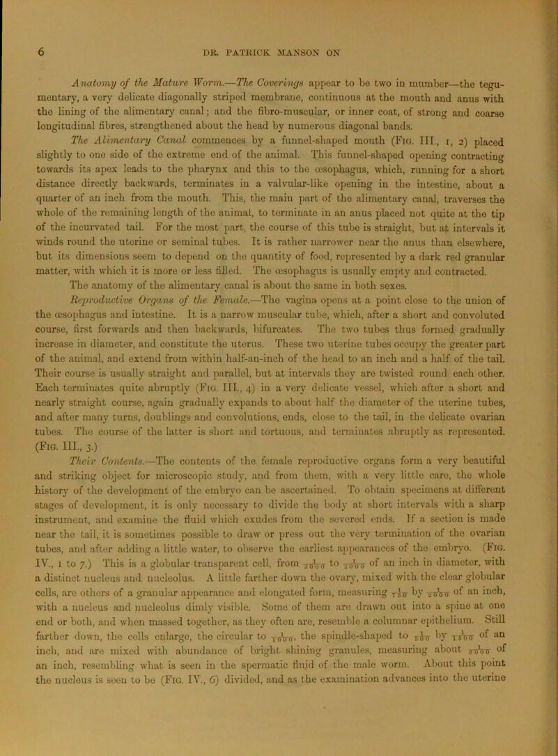 Anatomy of the Mature Worm.—The Coverings appear to be two in munaber—the tegu- mentary, a very delicate diagonally striped membrane, continuous at the mouth and anus with the lining of the alimentary canal; and the fibro-muscular, or inner coat, of strong and coarse longitudinal fibres, strengthened about the head by numerous diagonal bands. The Alimentary Canal commences by a funnel-sliaped mouth (Fig. III., i, 2) placed slightly to one side of the extreme end of the animal. This funnel-shaped opening contracting towards its apex leads to the pharynx and this to the (jesophagus, which, running for a short distance directly backwards, terminates in a valvular-like opening in the intestine, about a quarter of an inch from the mouth. This, the main part of the alimentary canal, traverses the whole of the remaining length of the animal, to terminate in an anus placed not cpiite at the tip of the incurvated tail. For the most part, the course of this tube is straight, but at intervals it winds round the uterine or seminal tubes. It is rather narrower near the anus than elsewhere, but its dimensions seem to depend on the quantity of food, represented by a dark red granular matter, Avith which it is more or less filled. The oesophagus is usually empty and contracted. The anatomy of the alimentary canal is about the same in both sexes. Reproductive Organs of the Female.—The A^agina opens at a point close to the union of the oesophagus and intestine. It is a narroAv muscular tube, Avhich, after a short and convoluted course, first forAvards and then backAvards, bifurcates. The tAA’o tubes thus formed gradually increase in diameter, and constitute the uterus. These tAvo uterine tubes occupy the greater part of the animal, and extend from Avithin half-an-iiich of the head to an inch and a half of the tail. Their course is usually straight and parallel, but at intervals they are twisted round each other. Each terminates quite abruptly (Fig. III., 4) in a very delicate vessel, AA’hich after a short and nearly straight course, again gradually expands to about half the diameter of the uterine tubes, and after many turns, doublings and convolutions, ends, close to the tail, in the delicate ovarian tubes. The course of the latter is short and tortuous, and terminates abruptly as represented. (Fig. III., 3.) Tfteir Contents.—The contents of the female reproductive organs form a \'ery beautiful and striking object for microscopic study, and from them, Avith a very little care, the Avhole history of the development of the embryo can be ascertained. To obtain specimens at difierent stages of development, it is only necessary to diAude the body at short intervals Avith a sharp instrument, and examine the fluid Avhich exudes from the severed ends. If a section is made near the tail, it is sometimes possible to draAv or press out the very termination of the ovarian tubes, and after adding a little Avater, to observe the earliest appearances of the eml)ryo. (Fig. IV., i to 7.) This is a globular transparent cell, from of inch in diameter, Avith a distinct nucleus and nucleolus. A little farther down the ovary, mixed with the clear globular cells, are others of a granular appearance and elongated form, measuring by yttVit of an inch, with a nucleus and nucleolus dimly visible. Some of them are draAvn out into a spine at one end or both, and Avlien massed together, as they often are, resemble a columnar epithelium. Still farther doAvn, the cells enlarge, the circular to voVc; the spindle-shaped to tsW of an inch, and are mixed Avith abundance of bright shining granules, measuring about ^Vxr of an inch, resembling Avhat is seen in the spermatic fluid of the male Avorm. About this point the nucleus is seen to be (Fig. IV., 6) divided, and as the examination ad\'ances into the uterine