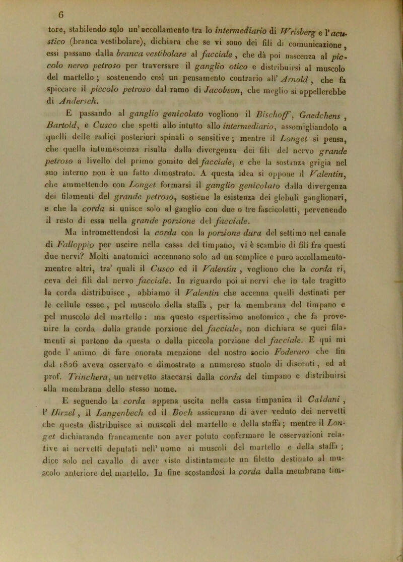 tore, stabilendo spio un’accollamenlo Ira lo intermediario di JVrisherg e Vacu- stico (branca vestibolare), dichiara che se vi sono dei fili di comunicazione essi passano dalla branca vestibolare al facciale , che dà poi nascenza al pic- colo nervo petroso per traversare il ganglio otico e distribuirsi al muscolo del martello ; sostenendo così un pensamento contrario all’ Arnold , che fa spiccare il piccolo petroso dal ramo di Jacobson^ che meglio si appellerebbe di Andersch. E passando al ganglio genicolato vogliono il Bischoff ^ Gaedchens , Bartold^ e Casco che spetti allo inlutto allo intermediario^ assomigliandolo a quelli delle radici posteriori spinali o sensitive; mentre il Longet si pensa, che quella intumescenza risulta dalla divergenza dei fili del nervo grande petroso a livello del primo gomito àd facciale, e che la sostanza grigia nel suo interno non è un fatto dimostrato. A questa idea si oppone il Valentin, che ammettendo con Longet formarsi il ganglio genicolato dalla divergenza dei filamenti del grande petroso, sostiene la esistenza dei globuli ganglionari, e che la corda si unisce solo al ganglio con due o tre fascicolelti, pervenendo il resto di essa nella grande porzione del facciale. Ma intromettendosi la corda con la porzione dura del settimo nel canale di Falloppio per uscire nella cassa del timpano, vi è scambio di fili fra questi due nervi? Molli anatomici accennano solo ad un semplice e puro accollamenlo- luentre altri, tra’ quali il Casco ed il Valentin , vogliono che la corda ri, ceva dei fili dal nervo facciale. In riguardo poi ai nervi che in tale tragitto la corda distribuisce , abbiamo il Valentin che accenna quelli destinati per le cellule ossee , pel muscolo della staffa , per la membrana del timpano e pel muscolo del martello : ma questo espertissimo anotomico , che fa prove- nire la corda dalla grande porzione del facciale, non dichiara se quei fila- menti si partono da questa o dalla piceola porzione del facciale. E qui mi gode r animo di fare onorata menzione del nostro socio Foderare che fin dal 1826 aveva osservato e dimostrato a numeroso stuolo di discenti, ed al prof. Trincherà, un ncrvelto staccarsi dalla corda del timpano e distribuirsi alia membrana dello stesso nome. E seguendo la corda appena uscita nella cassa timpanica il Caldatii , 1* Ilirzel, il Langenbech ed il Boch assicurano di aver veduto dei nervelti che questa distribuisce ai muscoli del martello e della staffa; mentre il Zon- get dichiarando francamente non aver potuto confermare le osservazioni rela- tive ai nervelti deputati nell’ uomo ai muscoli del martello e della staffa ; dice solo nel cavallo di aver visto distintamente un filetto destinalo al mu- scolo anteriore del martello. Io fine scostandosi la corda dalla membrana tim-