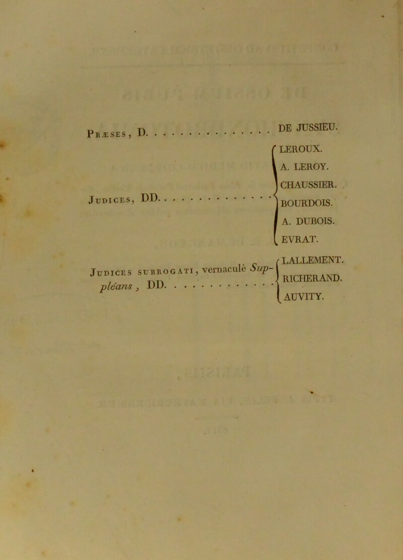 P R Æ S E S , D Judices, DD DE JUSSIEU. 1 LEROUX. A. LEROY. CHAUSSIER. BOURDOIS. A. DUBOIS. EVRAT. JüDICES SUBROGATI, pléans ? DD. . . . vernaculè Sup- LALLEMENT. RICHERAND. AUVITY.