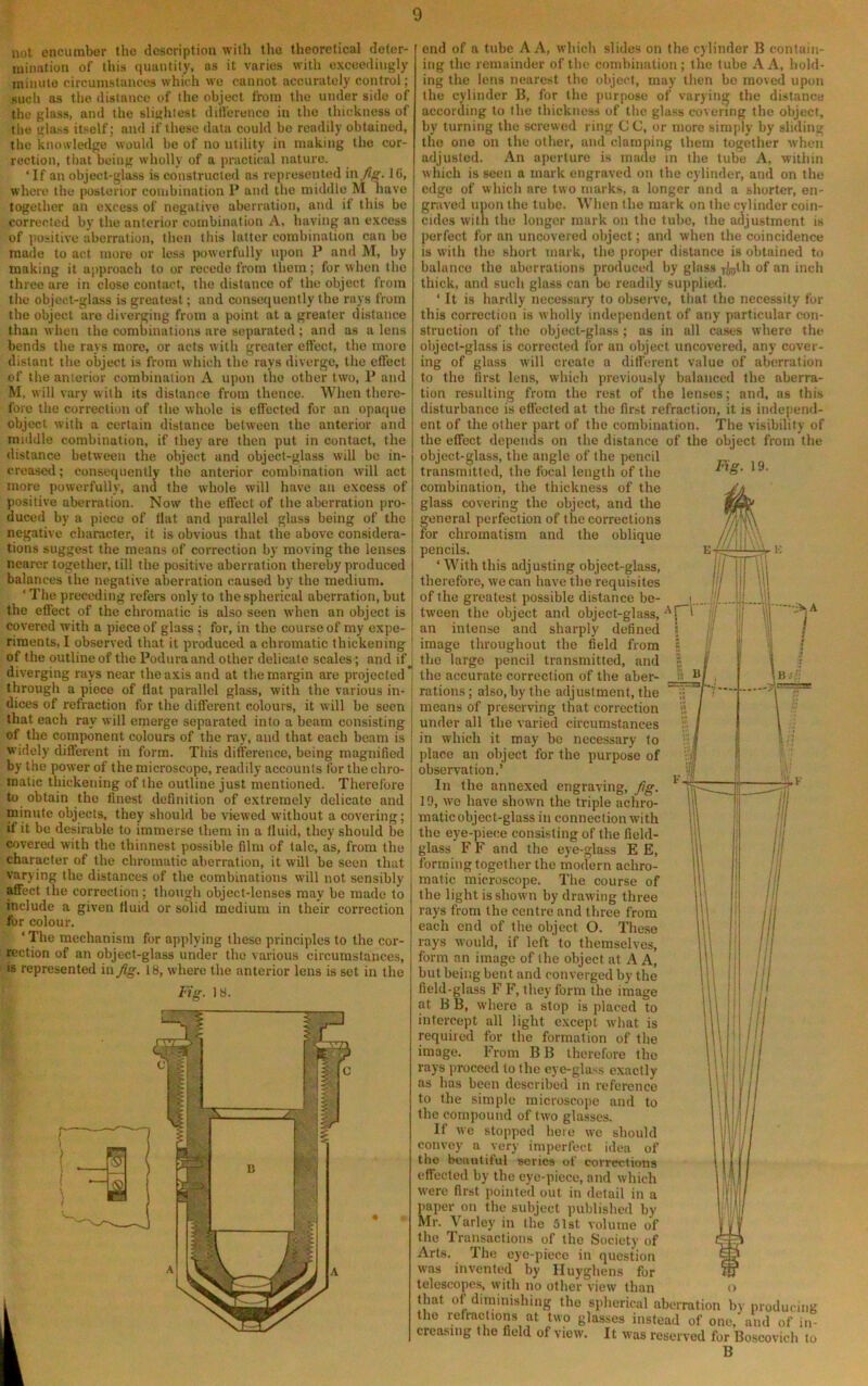 not encumber the description with the theoretical deter- mination of this quantity, as it varies with exceedingly rninulo circumstuuces which wo cannot accurdtely control; such as the distance of the object from the under side of the glass, and the slightest dihereiico in the thickness of the glass itself; and if these data could bo readily obtained, the knowledge would be of no utility in making the cor- rection, tliat being wholly of a practical nature. ‘ If an object-glass is constructed as represented iny?g'. 16, where the posterior combination 1* and the middle M nave together an excess of negative aberration, and if this be corrected by the anterior combination A, having an excess of positive aberration, then this latter combination can bo made to act more or less powerfully upon P and M, by making it approach to or recede from them; for when the three are in close contact, the distance of the object from the object-glass is greatest; and consecjuenlly the rays from the object are diverging from a point at a greater distance than when the combinations are separated; and as a lens bends the rays more, or acts with greater eti'ect, the more distant the object is from which the rays diverge, the effect of the anterior combination A upon the other two, P and M, will vary with its distance from thence. When there- fore the correction of the whole is effected for an opaque object with a certain distance between the anterior and middle combination, if they are then put in contact, the distance between the object and object-glass will bo in- creasetl; consequently the anterior combination will act more powerfully, and the whole will have an excess of positive aberration. Now the effect of the aberration jiro- duced by a piece of flat and parallel glass being of the negative character, it is obvious that the above considera- tions suggest the means of correction by moving the lenses nearer together, till the positive aberration thereby produced balances the negative aberration caused by the medium. ‘ The preceding refers only to the spherical aberration, but the effect of the chromatic is also seen when an object is covered with a piece of glass ; for, in the course of my expe- riments, I observed that it produced a chromatic thickening of the outline of the Podura and other delicate scales; and if^ diverging rays near the axis and at the margin are projected’ through a piece of fiat parallel glass, with the various in- dices of refraction for the difterent colours, it will bo seen that each ray will emerge separated into a beam consisting of the com|H)nent colours of the ray, and that each beam is widely different in form. This difference, being magnified by the power of the microscope, readily accounts for the chro- matic thickening of the outline just mentioned. Therefore to obtain the finest definition of extremely delicate and minute objects, they should be viewed without a covering; if it be desirable to immerse them in a fluid, they should be covered with the thinnest possible film of talc, as, from the character of the chromatic aberration, it will be seen that varying the distances of the combinations will not sensibly ^ect the correction; though object-lenses may be made to include a given fluid or solid medium in their correction for colour. ‘ The mechanism for applying these principles to the cor- rection of an object-glass under the various circumstances, is represented in_/?^^ 18, where the anterior lens is set in the Fig. 18. object from the Fig. 19. B.= : end of a tube A A, which slides on the cylinder B contain- ing the remainder of the combination; the tube A A, hold- ing the lens nearest the object, may then bo moved upon the cylinder B, for the purpose of varying the distance according to the thickness of the glass covering the object, by turning the screwed ring CC, or more simply by sliding the one on the other, and clamping them together when adjusted. An aperture is made in the tube A, within which is seen a mark engraved on the cylinder, and on the edge of which are two marks, a longer and a shorter, en- graved upon the tube. When the mark on the cylinder coin- cides with the longer mark on the tube, the adjustment is perfect for an uncovered object; and when the coincidence is with the short murk, the proper distance is obtained to balance the aberrations produced by glass Ti^lh of an inch thick, and such glass can be readily supplierl. ‘ It is hardly necessary to observe, that the necessity for this correction is wholly independent of any particular con- struction of the object-glass; as in all cases where the object-glass is corrected for an object uncovered, any cover- ing of glass will create a different value of aberration to the first lens, which previously balanced the aberra- tion resulting from the rest of the lenses; and, as this disturbance is effected at the first refraction, it is independ- ent of the other part of the combination. The visibility of the effect depends on the distance of the object-glass, the angle of the pencil transmitted, the focal length of the combination, the thickness of the glass covering the object, and the general perfection of the corrections for chromatism and the oblique pencils. ‘ With this adjusting object-glass, therefore, we can have the requisites of the greatest possible distance be- i,. tween the object and object-glass, an intense and sharply defined s image throughout the field from the large pencil transmitted, and the accurate correction of the aber- rations; also, by the adjustment, the ' means of preserving that correction under all the varied circumstances in which it may be necessary to place an object for the purpose of observation.’ In the annexed engraving, fig. 19, we have shown the triple achro- matic object-glass in connection w'ith the eye-piece consisting of the field- glass F F and the eye-glass E E, forming together the modern achro- matic microscope. The course of the light is shown by drawing three rays from the centre and three from each end of the object O. These rays w’ould, if left to themselves, form an image of the object at A A, but being bent and converged by the field-glass F F, they form the image at B B, where a stop is placed to intercept all light except what is required for the formation of the image. From BB therefore the rays proceed to the eye-glass exactly as has been described in reference to the simple microscope and to the compound of two glasses. If we stopped here we should convoy a very imperfect idea of the beautiful series of corrections effected by the eye-piece, and which were first pointed out in detail in a paper on the subject published by Mr. Varley in the 51st volume of the Transactions of the Society of Arts. The eye-piece in question was invented by Huyghens fur telescopes, with no other view than that of diminishing the spherical aberration by producing the refractions at two glasses instead of one, and of in- creasing the field of view. It was reserved for Boscovich to B