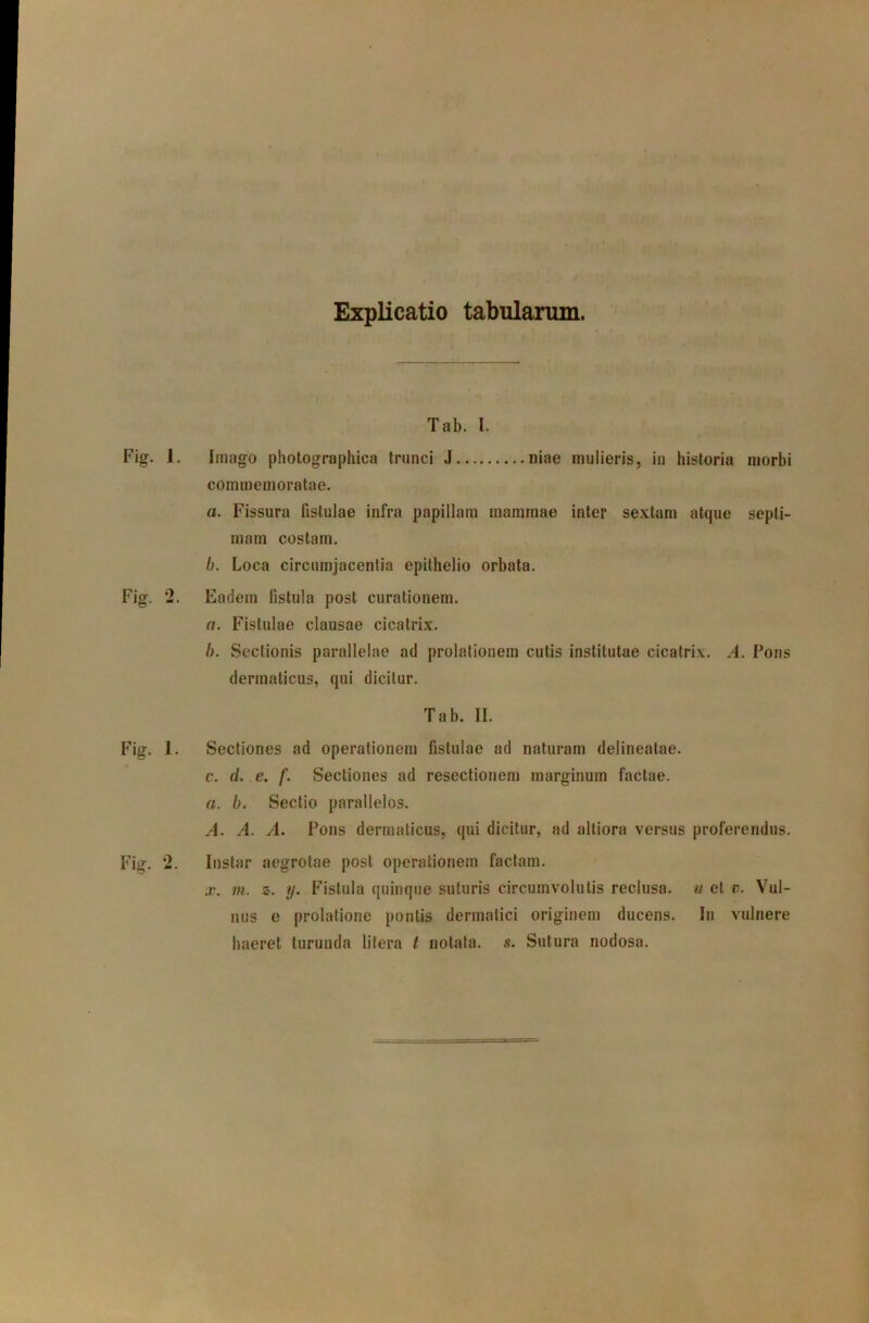 Explicatio tabularum. Tab. I. Fig. 1. Imago pholographica trunci J niae mulieris, iu historia morbi commemoratae. a. Fissura fistulae infra papillam mammae inter sextam atque septi- mam costam. b. Loca circumjacentia epithelio orbata. Fig. 2. Eodem fistula post curationem. a. Fistulae clausae cicatrix. b. Sectionis parallelae ad prolationem cutis institutae cicatrix. A. Pons dermaticus, qui dicitur. Tab. II. Fig. 1. Sectiones ad operationem fistulae ad naturam delineatae. c. d. e. f. Sectiones ad resectionem marginum factae. rt. b. Sectio parallelos. A. A. A. Pons dermaticus, qui dicitur, ad alliora versus proferendus. Fig. 2. Instar aegrotae post operationem factam. X. m. z. y. Fistula quinque suturis circumvolutis reclusa, n et c. Vul- nus e prolatione pontis dermalici originem ducens. In vulnere haeret turunda litera t notata, s. Sutura nodosa.