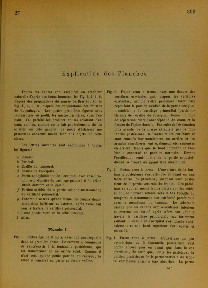 393 E X p 1 i c a t i o II des Planches. Toutes les Hgures sont exécutées en grandeur naturelle d'aprés des fætus humains, les Fig. 1, 2, 3, 6, d'aprés des préparations du musée de Breslau, et les Fig. 4, 5, 7, 8, d’aprés des préparations des musées de Copenhague. Les quatre premiéres figures sont représentées en profil, les quatre derniéres, yues d’en haut. J'ai préféré les dessiner en les éclairant d'en haut, au lieu, comme on le fait géoéralement, de les éclairer du coté gauche, ce mode d'éclairage me paraissaut convenir moins bien aux objets de cette classe. Les lettres suivantes sont communes é toutes les figures; a Frontal. h Pariétal. c Écaille du temporal, d Écaille de Toccipital. c Partie condyloidienne de l’occipital, avec l’ossiflca- tion semi-lunaire du cartilage primordial du créne située derrlére cette partle. / Portion ossifiée de la partie occipito-mastoidienne du cartilage primordial. g Tubercule osseux qu’ont formé les canaux demi- circulaires inférieur et externe, aprés s’étre fait jour å travers le cartilage primordial. t Lame quadrilatére de la selle turcique. le, Atlas. Planche I. Fig. 1. FoDtus ågé de 8 mols, avec une anencéphalie dans sa premiére phase. Le cerveau a commencé de s’entr’ouvrir å la fontanelle postérieure, qui est transformée en un orifice rond. Comme il n’est sorti qu’une petite portion du cerveau, le cråne a conservé en parlie sa forme vofltée. Fig. 2. Fætus venu å terme, avec une fissure des vertébres cervicales qui, d'aprés les vertébres existantes, semble s’étre prolongée assez bas; cependant la portion ossifiée de la partie occipito- mastoidienne du cartilage primordial (partie in- férieure de récaille de l'occipital) forme un mur de séparation entre l'anencéphalie du cråne et la fissure de l’épine dorsale. Par sulte de l'évacuation plus grande de la masse cérébrale par la fon- tanelle postérieure, le frontal et les pariétaux se sont couchés horizontalement en arriére et les arcades sourciliéres ont également été ramenées en arriére, tandis que le bord inférieur de l’or- bite a conservé sa position normale. Devant l’ossiflcation semi-lunaire de la partie condyloi- dienne se trouve un grand trou mastoidien. Fig. 3. Fætus venu å terme. L’ouverture de la fon- tanelle postérieure s’est allongée en avant en une fente entre les pariétaux, jusqu'au bord posté- rieur de la partie verticale du frontal. Les parié- taux se sont en méme temps portés sur les cétés, et ont de nouveau refoulé vers le bas l'écaille du temporal et notamment son extrémité postérieure avec la membrane du tympan. Le tubercule osseux que les canaux demi-circulaires inférieur et externe ont formé aprés s'étre fait jour å travers le cartilage primordial, est fortement saillant. L’écaille de l’occipital s’est placée verti- calement et son bord supérieur s’est épaissl et recourbé. Fig. 4. Fætus venu å terme. L’ouverlure un pcu asymélrique de la fontanelle postérieure s’est portée encorc plus en avant que dans le cas précédent, de sorte que, outre les pariétaux, la portion postérieure de la partie verticale du fron- tal commence aussi å étre absorbée. La partie sr