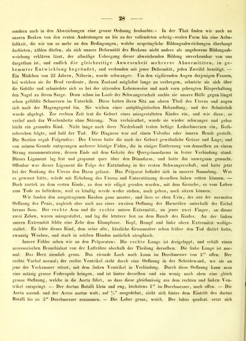sondern auch in den Abweicliungen eine grosse Ordnung beobaclile.» In der That finden wir auch an unsern Becken von den ersten Andeutungen an bis zu der vollendeten schräg-ovalen Form hin eine Aehn- lichkeit, die wir um so mehr zu den Bedingungen, welche ursprüngliche Bildungsabweichungen überhaupt darbieten, zählen dürfen, als sich unsere Deformität des Beckens nicht anders als angehorcne Bildungsab- weichung erklären lässt, der allmälige Uehergang dieser abweichenden Bildung unverkennbar von uns dargethan ist, und endlich die gleichzeitige Anwesenheit mehrerer Abnormitäten, in ge- hemmter Entwicklung begründet, und verbunden mit jener Deformität, jeden Zweifel beseitigt. — Ein Mädchen von 22 Jahren, Näherin, wurde schwanger. Um den vigilirenden Augen derjenigen Frauen, bei welchen sie ihr Brod verdiente, ihren Zustand möglichst lange zu verbergen, schnürte sie sich über die Gebühr und schmiedete sich so bei der sitzenden Lebensweise und nach vorn gebeugten Körperhaltung den Nagel zu ihrem Sarge. Denn schon im Laufe der Schwangerschalt suchte sie unsere Hülfe gegen längst schon gefühlte Schmerzen im Unterleib. Diese hatten ihren Sitz am ohern Theil des Uterus und zogen sich nach der Magengegend hin. Sie wichen einer antiphlogistischen Behandlung, und der Schnürleib wurde abgelegt. Zur rechten Zeit trat die Geburt eines missgestalteten Kindes ein, und wie diese, so verlief auch das Wochenbette ohne Störung. Nun verheirathet, wurde sie wieder schwanger und gebar leicht ein gesundes Kind. Nicht lange nach ihrer Niederkunft traten heftige Leibschmerzen ein, Koth- erbrechen folgte, und bald der Tod. Die Diagnose war auf einen Volvulus oder innern Bruch gestellt. Die Section ergab Folgendes: Der Uterus hatte die nach der Geburt gewöhnliche Grösse und Lage, und von seinem Grunde entsprangen mehrere häutige Fäden, die in einiger Entfernung von demselben zu einem Strang zusammentraten, dessen Ende mit dem Gekrös des Quergrimmdarms in fester Verbindung stand. Dieses Ligament lag fest und gespannt quer über den Dünndarm, und halte ihn unwegsam gemacht, ülfenbar war dieses Ligament die Folge der Entzündung in der ersten Schwangerschaft, und hatte jetzt bei der Senkung des Uterus den Darm gefasst. Das Präparat befindet sich in unserer Sammlung. Wer es gewusst hätte, würde mit Erhebung des Uterus und Unterstützung desselben haben retten können. — Doch zurück zu dem ersten Kinde, zu dem wir eiligst gerufen wurden, mit dem Gesuche, es vom Leben zum Tode zu befördern, weil es künftig werde weder stehen, noch gehen, noch sitzen können. Wir fanden den ausgetragenen Knaben ganz munter, und Hess er eben Urin, der aus der normalen Oeffnung des Penis, zugleich aber auch aus einer zweiten Oeffnung der Harnröhre unterhalb der Eichel heraus floss. Der rechte Arm und die rechte untere Extremität, an jener zwei Finger, an dieser zwei Zehen, waren missgestaltet, und lag die letztere fest an dem Bauch des Kindes. An der linken untern Extremität fehlte eine Zehe dem Klumpfusse. Kopf, Kumpf und linke obere Extremität wohlge- staltet. Es lebte dieses Kind, dem seine alte, hässliche Grossmulter schon früher den Tod dictirl halte, zwanzig Wochen, und starb in solchen Händen natürlich atrophisch. Innere Fehler sehen wir an den Präparaten: Die rechte Lunge ist dreigelappt, und erhält einen accessorischen Bronchialast von der Luftröhre oberhalb der Theilung derselben. Die linke Lunge ist nor- mal. Das Herz ziemlich gross. Das eirunde Loch noch kaum im Durchmesser von 2' offen. Der rechte Vorhof normal; der rechte Ventrikel steht durch eine Oeffnung in der Scheidewand, wo sie an jene der Vorkammer stösst, mit dem linken Ventrikel in Verbindung. Durch diese Oeffnung kann man eine niässig grosse Federspule bringen, und ist hinter derselben und ein wenig nach oben eine gleich grosse Oeffnung, welche in die Aorta führt, so dass diese gleichmässig aus dem rechten und linken Ven- trikel entspringt. — Der ductus Bolalli klein und eng, höchstens 1' im Durchmesser, noch offen. — Die Aorta ascend. und der Arcus aortae weit, auf ^/j ausgedehnt, zieht sich hinter dem Eintritt des ductus Botalli bis zu 3' Durchmesser zusammen. — Die Leber gross, weich. Der lobus quadrat. setzt sich I
