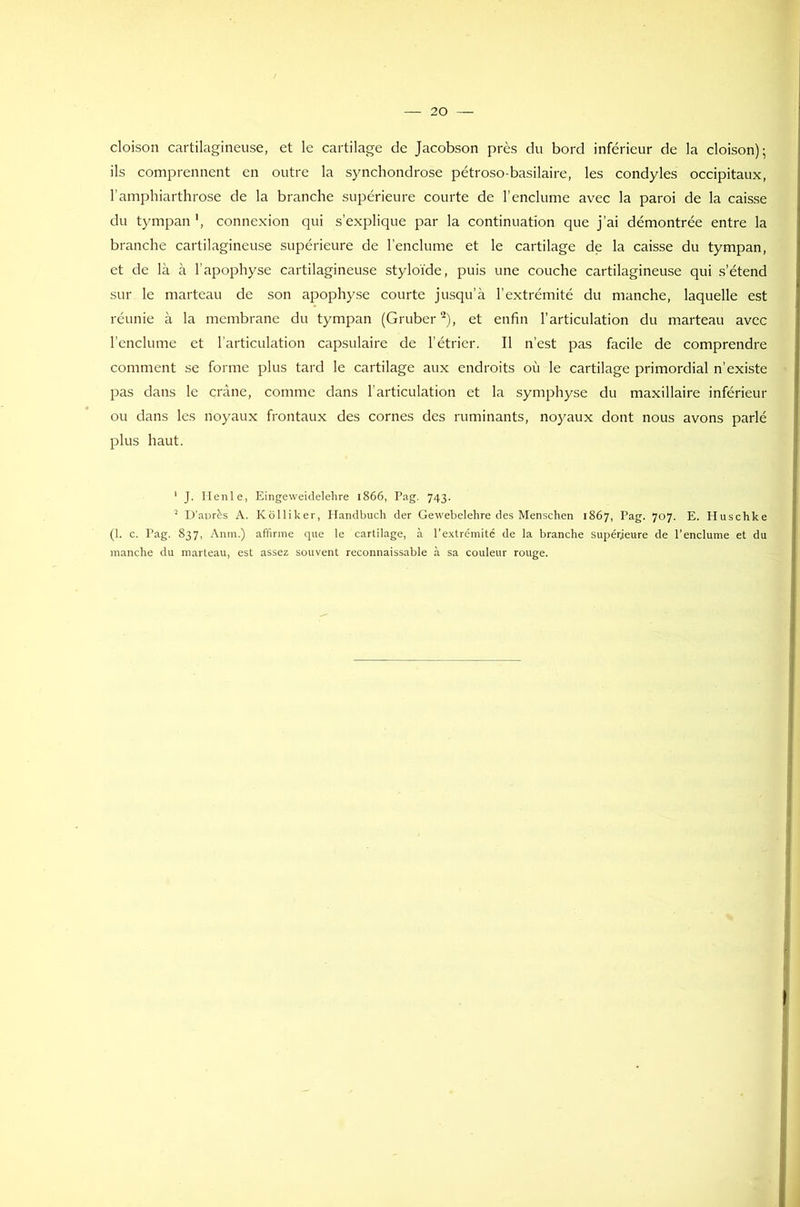 cloison cartilagineuse, et le cartilage de Jacobson près du bord inférieur de la cloison); ils comprennent en outre la synchondrose pétroso-basilaire, les condyles occipitaux, l'amphiarthrose de la branche supérieure courte de l’enclume avec la paroi de la caisse du tympan ', connexion qui s’explique par la continuation que j’ai démontrée entre la branche cartilagineuse supérieure de l’enclume et le cartilage de la caisse du tympan, et de là à l’apophyse cartilagineuse styloïde, puis une couche cartilagineuse qui s’étend sur le marteau de son apophyse courte jusqu’à l’extrémité du manche, laquelle est réunie à la membrane du tympan (Grubcr2), et enfin l’articulation du marteau avec l’enclume et l’articulation capsulaire de l’étrier. Il n’est pas facile de comprendre comment se forme plus tard le cartilage aux endroits où le cartilage primordial n’existe pas dans le crâne, comme dans l’articulation et la symphyse du maxillaire inférieur ou dans les noyaux frontaux des cornes des ruminants, noyaux dont nous avons parlé plus haut. 1 J. lient e, Eingeweidelehre 1866, Pag. 743. 2 D’après A. Kôlliker, Ilandbuch der Gewebelehre des Menschen 1867, Pag. 707. E. Pluschke (1. c. Pag. 837, Anm.) affirme que le cartilage, à l’extrémité de la branche supérieure de l’enclume et du manche du marteau, est assez souvent reconnaissable à sa couleur rouge. !