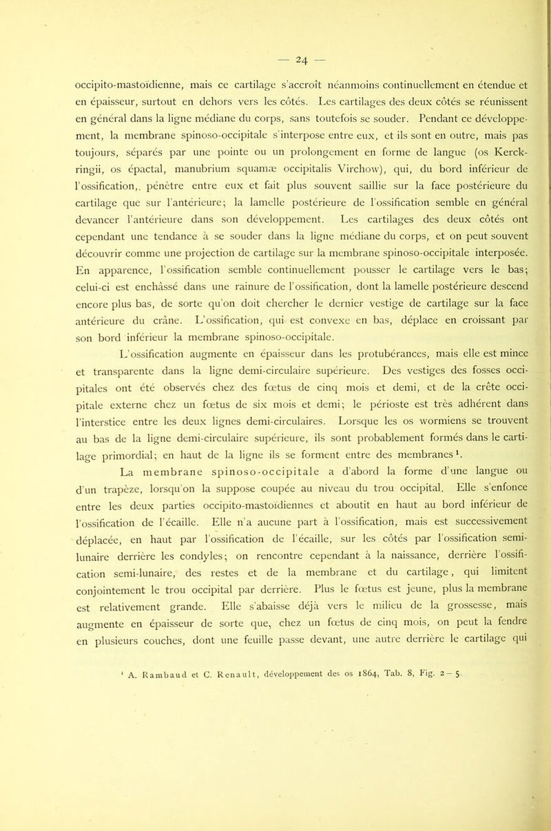 occipito-mastoïdienne, mais ce cartilage s’accroît néanmoins continuellement en étendue et en épaisseur, surtout en dehors vers les côtés. Les cartilages des deux côtés se réunissent en général dans la ligne médiane du corps, sans toutefois se souder. Pendant ce développe- ment, la membrane spinoso-occipitale s’interpose entre eux, et ils sont en outre, mais pas toujours, séparés par une pointe ou un prolongement en forme de langue (os Kerck- ringii, os épactal, manubrium squamæ occipitalis Virchow), qui, du bord inférieur de l’ossification,, pénètre entre eux et fait plus souvent saillie sur la face postérieure du cartilage que sur l’antérieure; la lamelle postérieure de l’ossification semble en général devancer l’antérieure dans son développement. Les cartilages des deux côtés ont cependant une tendance à se souder dans la ligne médiane du corps, et on peut souvent découvrir comme une projection de cartilage sur la membrane spinoso-occipitale interposée. En apparence, l’ossification semble continuellement pousser le cartilage vers le bas; celui-ci est enchâssé dans une rainure de l’ossification, dont la lamelle postérieure descend encore plus bas, de sorte qu’on doit chercher le dernier vestige de cartilage sur la face antérieure du crâne. L’ossification, qui est convexe en bas, déplace en croissant par son bord inférieur la membrane spinoso-occipitale. L’ossification augmente en épaisseur dans les protubérances, mais elle est mince et transparente dans la ligne demi-circulaire supérieure. Des vestiges des fosses occi- pitales ont été observés chez des fœtus de cinq mois et demi, et de la crête occi- pitale externe chez un fœtus de six mois et demi; le périoste est très adhérent dans l’interstice entre les deux lignes demi-circulaires. Lorsque les os wormiens se trouvent au bas de la ligne demi-circulaire supérieure, ils sont probablement formés dans le carti- lage primordial; en haut de la ligne ils se forment entre des membranes1. La membrane spinoso-occipitale a d’abord la forme d’une langue ou d’un trapèze, lorsqu’on la suppose coupée au niveau du trou occipital. Elle s’enfonce entre les deux parties occipito-mastoïdiennes et aboutit en haut au bord inférieur de l’ossification de l’écaille. Elle n’a aucune part à l’ossification, mais est successivement déplacée, en haut par l’ossification de l’écaille, sur les côtés par l’ossification semi- lunaire derrière les condyles; on rencontre cependant à la naissance, derrière l’ossifi- cation semi-lunaire, des restes et de la membrane et du cartilage, qui limitent conjointement le trou occipital par derrière. Plus le fœtus est jeune, plus la membrane est relativement grande. Elle s’abaisse déjà vers le milieu de la grossesse, mais augmente en épaisseur de sorte que, chez un fœtus de cinq mois, on peut la fendre en plusieurs couches, dont une feuille passe devant, une autre derrière le cartilage qui A. Rambaud et C. Renault, développement des os 1864, Tab. 8, Fig. 2-5.