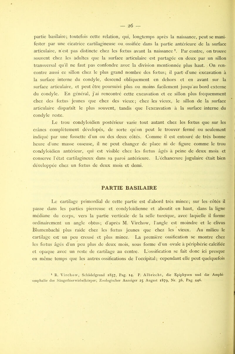 partie basilaire; toutefois cette relation, qui, longtemps après la naissance, peut se mani- fester par une cicatrice cartilagineuse ou ossifiée dans la partie antérieure de la surface articulaire, n’est pas distincte chez les fœtus avant la naissance1. Par contre, on trouve souvent chez les adultes que la surface articulaire est partagée en deux par un sillon transversal qu’il ne faut pas confondre avec la division mentionnée plus haut. On ren- contre aussi ce sillon chez le plus grand nombre des fœtus; il part d'une excavation à la surface interne du condyle, descend obliquement en dehors et en avant sur la surface articulaire, et peut être poursuivi plus ou moins facilement jusqu’au bord externe du condyle. En général, j'ai rencontré cette excavation et ce sillon plus fréquemment chez des fœtus jeunes que chez des vieux; chez les vieux, le sillon de la surface articulaire dispaéaît le plus souvent, tandis que l’excavation à la surface interne du condyle reste. Le trou condyloïdien postérieur varie tout autant chez les fœtus que sur les crânes complètement dévelopés, de sorte qu’on peut le trouver fermé ou seulement indiqué par une fossette d'un ou des deux côtés. Comme il est entouré de très bonne heure d’une masse osseuse, il ne peut changer de place ni de figure comme le trou condyloïdien antérieur, qui est visible chez les fœtus âgés à peine de deux mois et conserve l’état cartilagineux dans sa paroi antérieure. L’échancrure jugulaire était bien développée chez un fœtus de deux mois et demi. PARTIE BASILAIRE Le cartilage primordial de cette partie est d’abord très mince; sur les côtés il passe dans les parties pierreuse et condyloïdienne et aboutit en haut, dans la ligne médiane du corps, vers la partie verticale de la selle turcique, avec laquelle il forme ordinairement un angle obtus; d’après M. Virchow, l’angle est moindre et le clivus Blumenbachi plus raide chez les fœtus jeunes que chez les vieux. Au milieu le cartilage est un peu creusé et plus mince. La première ossification se montre chez les fœtus âgés d'un peu plus de deux mois, sous forme d’un ovale à périphérie calcifiée et opaque avec un reste de cartilage au centre. L’ossification se fait donc ici presque en même temps que les autres ossifications de l’occipital ; cependant elle peut quelquefois 1 R. Virchow, Schâdelgrund 1857, Pag. 14. P. Albrecht, die Epiphysen und die Amphi- omphalie der Sâugethierwirbelkorper; Zoologischer Anzeiger 25 August 1879, Nr. 36, Pag. 446.
