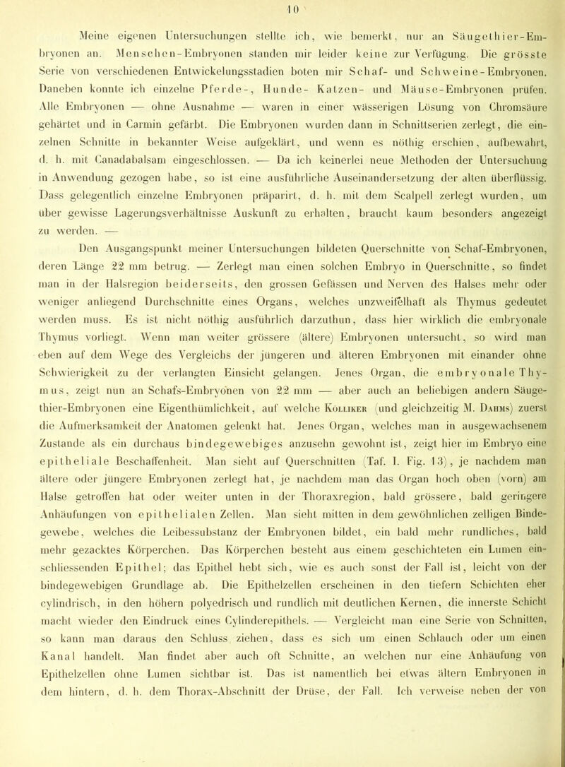 Meine eigenen Untersuchungen stellte ich, wie bemerkt, nur an Säugethier-Em- bryonen an. Menschen-Embryonen standen mir leider keine zur Verfügung. Die grösste Serie von verschiedenen Entwickelungsstadien boten mir Schaf- und Sch weine - Embryonen. Daneben konnte ich einzelne Pferde-, Hunde- Katzen- und Mause-Embryonen prüfen. Alle Embryonen — ohne Ausnahme — waren in einer wässerigen Lösung von Chromsäure gehärtet und in Carmin gefärbt. Die Embryonen wurden dann in Schnittserien zerlegt, die ein- zelnen Schnitte in bekannter Weise aufgeklärt, und wenn es nöthig erschien, aufbewahrt, d. h. mit Canadabalsam eingeschlossen. — Da ich keinerlei neue Methoden der Untersuchung in Anwendung gezogen habe, so ist eine ausführliche Auseinandersetzung der alten überflüssig. Dass gelegentlich einzelne Embryonen präparirt, d. h. mit dem Scalpell zerlegt wurden, um über gewisse Lagerungsverhältnisse Auskunft zu erhalten, braucht kaum besonders angezeigt zu werden. — Den Ausgangspunkt meiner Untersuchungen bildeten Querschnitte von Schaf-Embryonen, deren Länge 22 mm betrug. — Zerlegt man einen solchen Embryo in Querschnitte, so findet man in der Halsregion beiderseits, den grossen Gefässen und Nerven des Halses mehr oder weniger anliegend Durchschnitte eines Organs, welches unzweifelhaft als Thymus gedeutet werden muss. Es ist nicht nöthig ausführlich darzuthun, dass hier wirklich die embryonale Thymus vorliegt. Wenn man weiter grössere (ältere) Embryonen untersucht, so wird man eben auf dem Wege des Vergleichs der jüngeren und älteren Embryonen mit einander ohne Schwierigkeit zu der verlangten Einsicht gelangen. Jenes Organ, die embryonale Thy- mus, zeigt nun an Schafs-Embryonen von 22 mm — aber auch an beliebigen andern Säuge- thier-Embryonen eine Eigenthümlichkeit, auf welche Kolli reu (und gleichzeitig M. Daums) zuerst die Aufmerksamkeit der Anatomen gelenkt hat. Jenes Organ, welches man in ausgewachsenem Zustande als ein durchaus bindegewebiges anzusehn gewohnt ist, zeigt hier im Embryo eine epitheliale Beschaffenheit. Man sieht auf Querschnitten (Taf. I. Fig. 13), je nachdem man ältere oder jüngere Embryonen zerlegt hat, je nachdem man das Organ hoch oben (vorn) am Halse getroffen hat oder weiter unten in der Thoraxregion, bald grössere, bald geringere Anhäufungen von epithelialen Zellen. Man sieht mitten in dem gewöhnlichen zelligen Binde- gewebe, welches die Leibessubstanz der Embryonen bildet, ein bald mehr rundliches, bald mehr gezacktes Körperchen. Das Körperchen besteht aus einem geschichteten ein Lumen ein- scldiessenden Epithel; das Epithel hebt sich, wie es auch sonst der Fall ist, leicht von der bindegewebigen Grundlage ab. Die Epithelzellen erscheinen in den tiefem Schichten eher cylindrisch, in den höhern polyedrisch und rundlich mit deutlichen Kernen, die innerste Schicht macht wieder den Eindruck eines Cylinderepithels. — Vergleicht man eine Serie von Schnitten, so kann man daraus den Schluss ziehen, dass es sich um einen Schlauch oder um einen Kanal handelt. Man findet aber auch oft Schnitte, an welchen nur eine Anhäufung von Epithelzellen ohne Immen sichtbar ist. Das ist namentlich bei etwas ältern Embryonen in dem hintern, d. h. dem Thorax-Abschnitt der Drüse, der Fall. Ich verweise neben der von