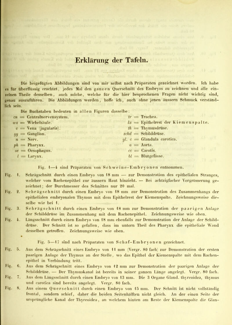 Erklärung der Tafeln Die beigefügten Abbildungen sind von mir selbst nach Präparaten gezeichnet worden. Ich habe cs für überflüssig erachtet, jedes Mal den ganzen Querschnitt des Embryos zu zeichnen und alle ein- zelnen Theile desselben, auch solche, welche für die hier besprochenen Fragen nicht wichtig sind, genau auszuführen. Die Abbildungen werden, hoffe ich, auch ohne jenen äussern Schmuck verständ- lich sein. Die Buchstaben bedeuten in allen Figuren dasselbe: cn = Centralnervensystem. WS = Wirbelsäule. V = Vena (jugularis). yy — Ganglion. n = Nerv. ph = Pharynx. oe = Oesophagus. I = Larvnx. tr — Trachea. ks — Epithelrest der Kiemenspalte. th = Thymusdrüse. schd — Schilddrüse. yl. c = Glandula carotica. a = Aorta, cc = Carotis. bl = Blutgefässe. Fig. 1—i sind Präparaten von Sch we ine-Emb ry o nen entnommen. Fig. 1. Schrägschnitt durch einen Embryo von 18 mm — zur Demonstration des epithelialen Stranges, welcher vom Hachenepithel zur äussern Haut hinzieht. — Bei achtzigfacher Vergrösserung ge- zeichnet; der Durchmesser des Schnittes nur 20 mal. Fig. 2. Schrägschnitt durch einen Embryo von 18 mm zur Demonstration des Zusammenhangs der epithelialen embryonalen Thymus mit dem Epilhelrest der Kiemenspalte. Zeichnungsweise die- selbe wie bei I. Fig. 3. Schrägschnitt durch einen Embryo von 18 mm zur Demonstration der paarigen Anlage der Schilddrüse im Zusammenhang mit dem Rachenepithel. Zeichnungsweise wie oben. Fig. i. Längsschnitt durch einen Embryo von 18 mm ebenfalls zur Demonstration der Anlage der Schild- drüse. Der Schnitt ist so gefallen, dass im untern Theil des Pharynx die epitheliale Wand desselben getroffen. Zeichnungsweise wie oben. Fig. 5. Fig. 6. Fig. 7. 'ig. Fig. 5—17 sind nach Präparaten von Schaf-Embryonen gezeichnet. Aus dem Schrägschnitt eines Embryo von 11 mm (Vergr. 80 fach) zur Demonstration der ersten paarigen Anlage der Thymus an der Stelle, wo das Epithel der Kiemenspalte mit dem Rachen- epilhel in Verbindung tritt. Aus dem Schrägschnitt eines Embryo von 12 mm zur Demonstration der paarigen Anlage der Schilddrüse. — Der Thymuskanal ist bereits in seiner ganzen Länge angelegt. Vergr. 80 fach. Aus dem Längsschnitt durch einen Embryo von 13 mm. Die 3 Organe Gland. thyreoidea, thymus und carotica sind bereits angelegt. Vergr. 80 fach. Aus einem Querschnitt durch einen Embryo von 15 mm. Der Schnitt ist nicht vollständig frontal, sondern schief, daher die beiden Seitenhälften nicht gleich. An der einen Seite der ursprüngliche Kanal der Thyreoidea, an welchem hinten am Reste der Kiemenspalte die Glan- 8.