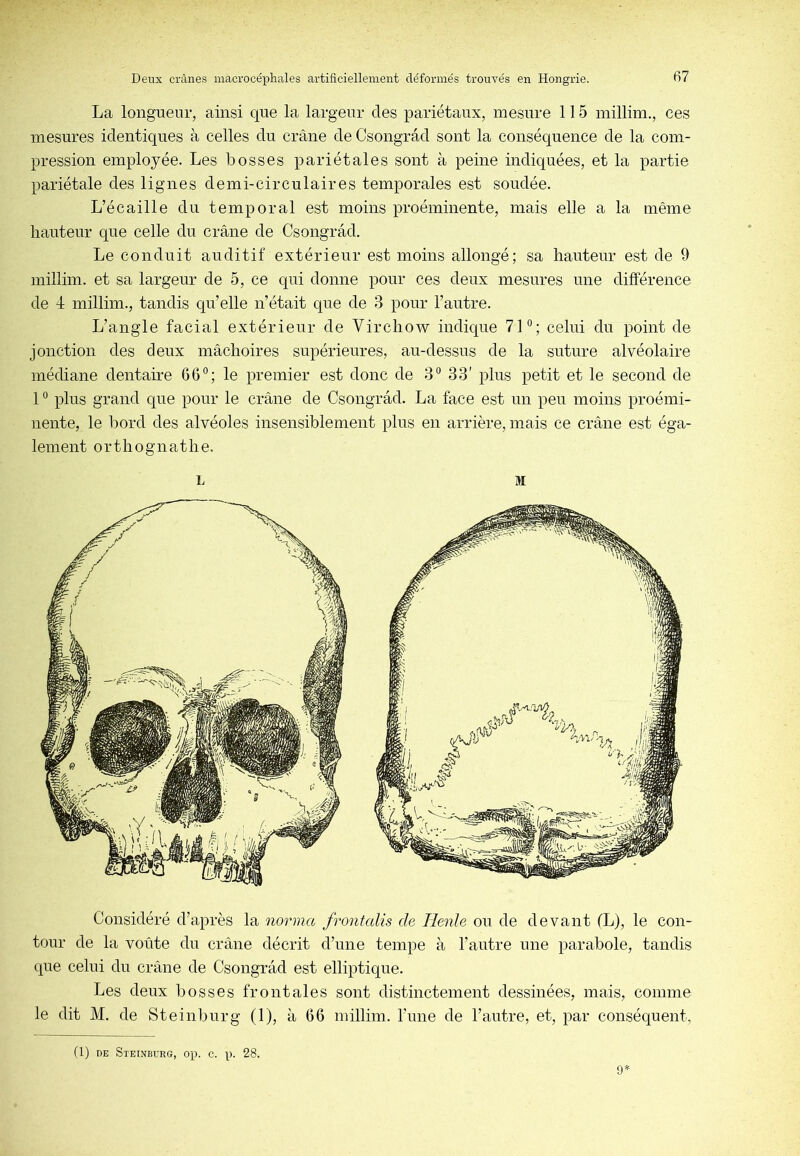 La longueur, ainsi que la largeur des pariétaux, mesure 115 millim., ces mesures identiques à celles du crâne de Csougrâd sont la conséquence de la com- pression employée. Les bosses pariétales sont à peine indiquées, et la partie pariétale des lignes demi-circulaires temporales est soudée. L’écaille du temporal est moins proéminente, mais elle a la même hauteur que celle du crâne de Csongrâd. Le conduit auditif extérieur est moins allongé; sa hauteur est de 9 millim. et sa largeur de 5, ce qui donne pour ces deux mesures une différence de 4 millim., tandis qu’elle n’était que de 3 pour l’autre. L’angle facial extérieur de Virchow indique 71°; celui du point de jonction des deux mâchoires supérieures, au-dessus de la suture alvéolaire médiane dentaire 66°; le premier est donc de 3° 33' plus petit et le second de 1 ° plus grand que pour le crâne de Csongrâd. La face est un peu moins proémi- nente, le bord des alvéoles insensiblement plus en arrière, mais ce crâne est éga- lement orthognathe. L M Considéré d’après la norina frontalis de Tlenle ou de devant (L), le con- tour de la voûte du crâne décrit d’une tempe à l’autre une parabole, tandis que celui du crâne de Csongrâd est elliptique. Les deux bosses frontales sont distinctement dessinées, mais, comme le dit M. de Steinburg (1), à 66 millim. Tune de l’autre, et, par conséquent. (1) DE Steinburg, op. c. p. 28. 9