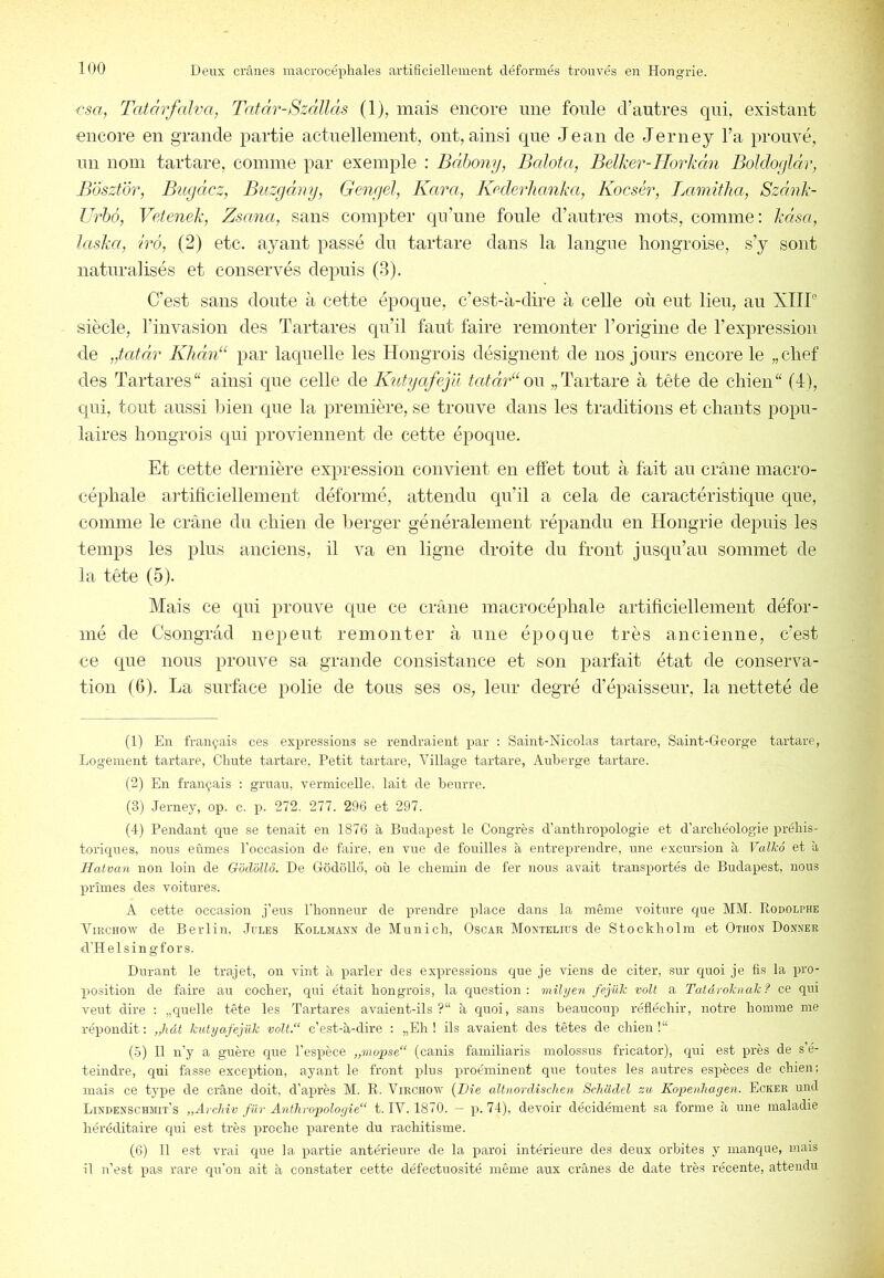 csa, Tatârfalva, Tatdr-Szdllâs (1), mais encore mie foule d’autres qui, existant encore en grande partie actuellement, ont, ainsi que Jean de Jerney l’a prouvé, un nom tartare, comme par exemple : Bdhony, Bahta, Belker-Horkdn BoJdogldr, Bosztor, Bugdcz, Buzgdny, Gengel, Kara, Koclerhanka, Kocsér, Lamitha, Szdnk- Urhô, Voienek, Zsana, sans compter qu’une foule d’autres mots, comme: kdsa, Jaska, irô, (2) etc. ayant passé du tartare dans la langue hongroise, s’y sont naturalisés et conservés dejiuis (3). C’est sans doute à cette époque, c’est-à-dire à celle où eut lieu, au XIIP siècle, l’invasion des Tartares qu’il faut faire remonter l’origine de l’expression de „tatdr Khdn“ par laquelle les Hongrois désignent de nos jours encore le „chef des Tartares ainsi que celle de IGitya/eja tatdr‘‘o\\ „Tartare à tête de chien (4), qui, tout aussi bien que la première, se trouve dans les traditions et chants popu- laires hongrois qui proviennent de cette époque. Et cette dernière expression convient en effet tout à fait au crâne macro- céphale artificiellement déformé, attendu qu’il a cela de caractéristique que, comme le crâne du chien de lierger généralement répandu en Hongrie depuis les temps les plus anciens, il va en ligne droite du front jusqu’au sommet de la tête (5). Mais ce qui prouve que ce crâne macrocéphale artificiellement défor- mé de Csongrâd nepeut remonter à une époque très ancienne, c’est ce que nous prouve sa grande consistance et son parfait état de conserva- tion (6). La surface polie de tous ses os, leur degré d’épaisseur, la netteté de (1) En français ces expressions se rendraient par : Saint-Nicolas tartare, Saint-George tartare, Logement tartare, Chute tartare, Petit tartare, Village tartare, Auberge tartare. (2) En français : gruau, vermicelle, lait de beurre. (3) Jerney, op. c. p. 272, 277. 296 et 297. (4) Pendant que se tenait en 1876 à Budapest le Congrès d’anthropologie et d’archéologie préhis- toriques, nous eûmes l'occasion de faire, en vue de fouilles à entreprendre, une excursion à Valkô et à Ilatvan non loin de G'ôddllô. De Gôdôllô, où le chemin de fer nous avait transportés de Budapest, nous prîmes des voitures. A cette occasion j’eiis l’honneur de prendre place dans la même voiture que MM. Rodolphe Virchow de Berlin, Jples Kollmaxn de Munich, Oscar Montelius de StocPholm et Othon Donner d’Helsingfors. Durant le trajet, on vint à parler des expressions que je viens de citer, sur quoi je fis la pro- l)Osition de faire au cocher, qui était hongrois, la question: milyen fejük volt a TatdroTcimkf ce qui veut dire ; „quelle tête les Tartares avaient-ils ?“ à quoi, sans beaucoup réfléchir, notre homme me répondit : „hât kutyafejük volt.“ c’est-à-dire ; „Eh ! ils avaient des têtes de chien !“ (5) 11 n’y a guère que l’espèce „mopse“ (canis familiaris molossus fricator), qui est près de s’é- teindre, qui fasse exception, ayant le front plus proéminent que toutes les autres espèces de chien; mais ce type de crâne doit, d’après M. R. Virchow {Die altnordîschen Schadel zu Kopenliagen. Ecker und Lindenschmit’s „Ai-chîv filr Anthropolo(jie“ t. IV. 1870. — p. 74), devoir décidément sa forme à une maladie héréditaire qui est très proche parente du rachitisme. (6) Il est vrai que la partie antérieure de la paroi intérieure des deux orbites y manque, mais il n’est pas rare cju’on ait à constater cette défectuosité même aux crânes de date très récente, attendu