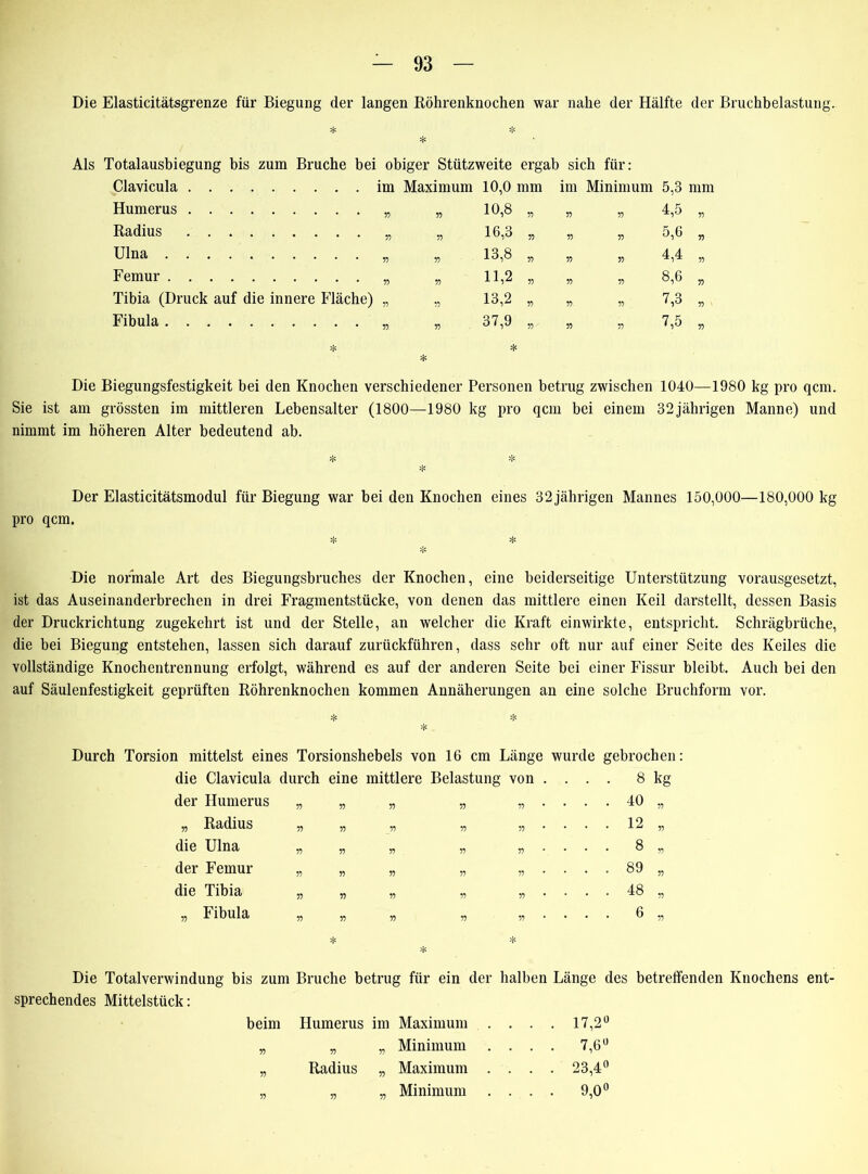 Die Elasticitätsgrenze für Biegung der langen Röhrenknochen war nahe der Hälfte der Bruchbelastung. Als Totalausbiegung bis zum Bruche bei obiger Stützweite ergab sich für Clavicula . . . im Maximum 10,0 mm Humerus „ „ Radius „ „ Ulna „ Femur „ „ Tibia (Druck auf die innere Fläche) „ „ Fibula 10,0 mm im Minimum 5,3 mm 10,8 „ 55 55 4,5 55 16,3 „ 55 55 5,6 55 13,8 „ 55 55 4,4 55 11,2 „ 55 55 8,6 55 13,2 „ 55 55 7,3 55 37,9 „ 55 55 7,5 55 Die Biegungsfestigkeit bei den Knochen verschiedener Personen betrug zwischen 1040—1980 kg pro qcm. Sie ist am grössten im mittleren Lebensalter (1800—1980 kg pro qcm bei einem 32jährigen Manne) und nimmt im höheren Alter bedeutend ab. Der Elasticitätsmodul für Biegung war bei den Knochen eines 32 jährigen Mannes 150,000—180,000 kg pro qcm. Die normale Art des Biegungsbruches der Knochen, eine beiderseitige Unterstützung vorausgesetzt, ist das Auseinanderbrechen in drei Fragmentstücke, von denen das mittlere einen Keil darstellt, dessen Basis der Druckrichtung zugekehrt ist und der Stelle, an welcher die Kraft einwirkte, entspricht. Schrägbrüche, die bei Biegung entstehen, lassen sich darauf zurückführen, dass sehr oft nur auf einer Seite des Keiles die vollständige Knochentrennung erfolgt, während es auf der anderen Seite bei einer Fissur bleibt. Auch bei den auf Säulenfestigkeit geprüften Röhrenknochen kommen Annäherungen an eine solche Bruchform vor. Durch Torsion mittelst eines Torsionshebels von 16 cm Länge wurde gebrochen: die Clavicula durch eine mittlere Belastung von der Humerus „ Radius die Ulna der Femur die Tibia „ Fibula 8 kg 40 „ 12 „ 8 „ 89 „ 48 „ 6 „ Die Totalverwindung bis zum Bruche betrug für ein der halben Länge des betreffenden Knochens ent- sprechendes Mittelstück: beim Humerus im Maximum . . . . 17,2° „ „ „ Minimum .... 7,6u Radius Maximum Minimum 23,4° 9,0°
